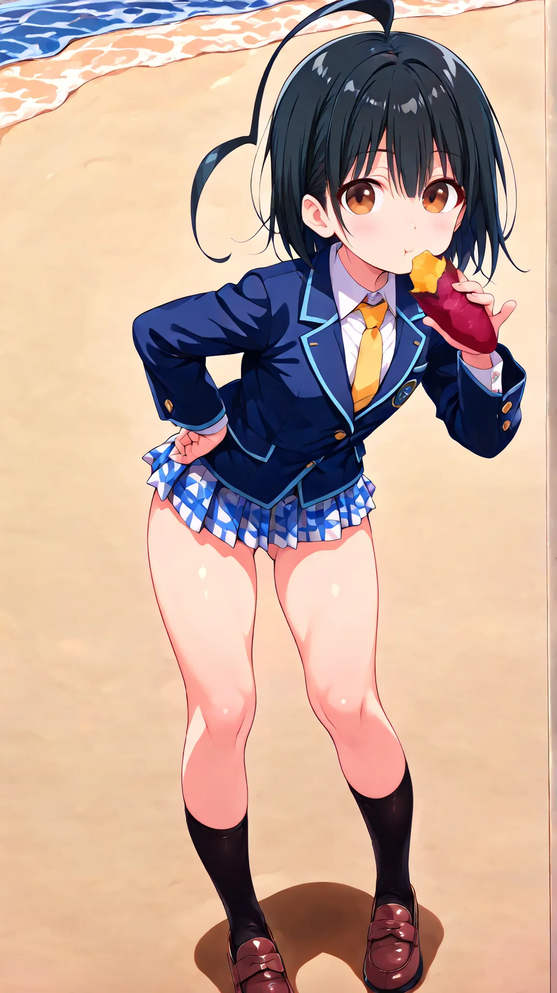 nsfw,((anime style)),score_9, score_8_up, score_7_up,masterpiece, best quality,ultra detail,(((beach))),huge ahoge, negishi masako , 1girl , ((((solo)))),short hair,black hair ,long bangs,brown eyes,(Flat Chest),school uniform,(((blue blazer))),light blue ...