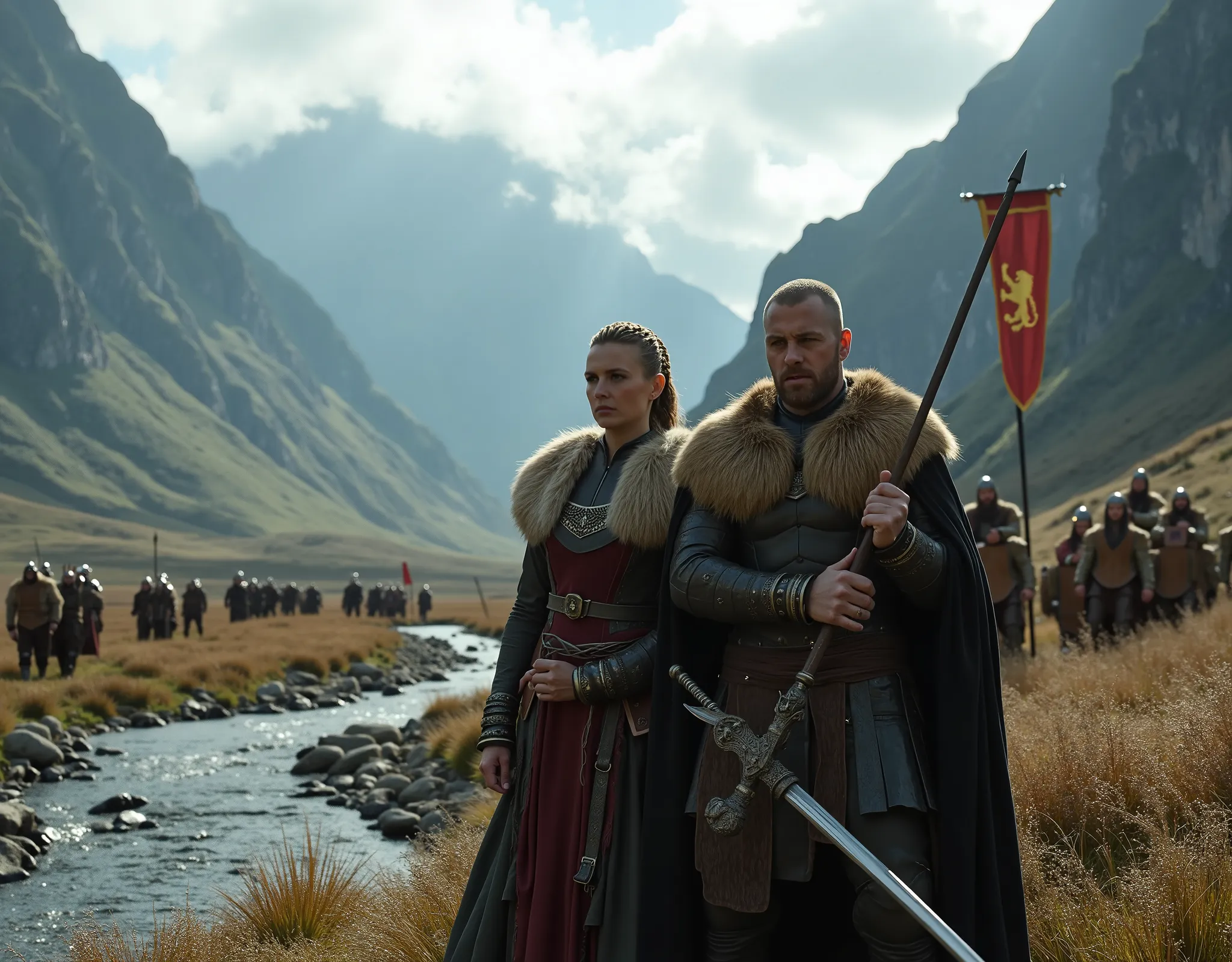 Steep and dramatic mountains are towering in the background and slightly obfuscated by low clouds as dawn breaks and some sunrays pierce the clouds. A stream snakes its way down the fjord valley, revealing an ornate longhouse on the far riverbed. In the fo...