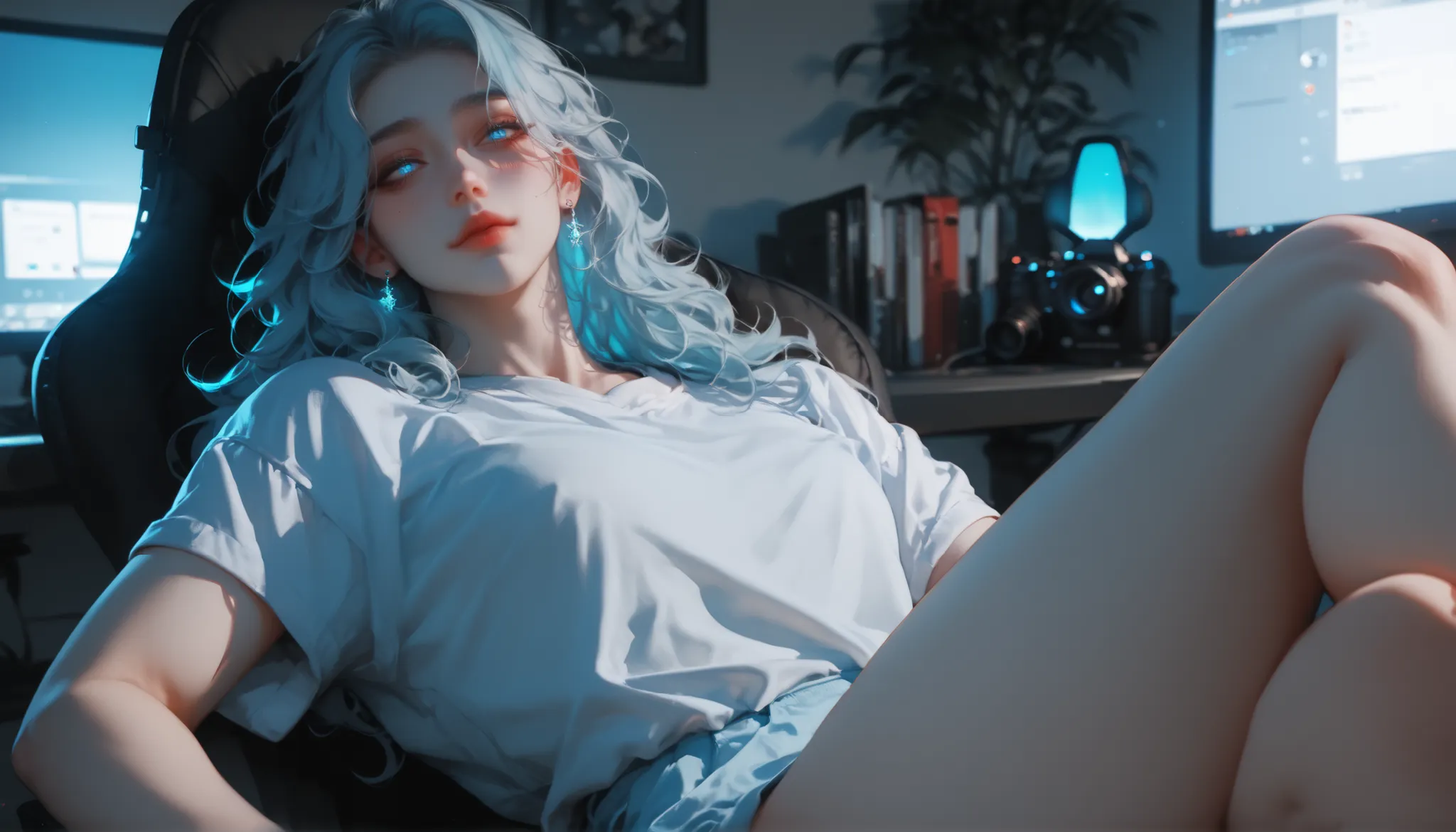 (femboy:1.2), (white skin tone:1.1), ((thick thighs)):1.3, (shoulder-length wavy hair:1.05) femboy, white skin tone, slender waist, ((thick thighs)), shoulder-length slightly wavy hair, blakceyes, wearing loose t-shirt, sitting leaning back on a high-end g...