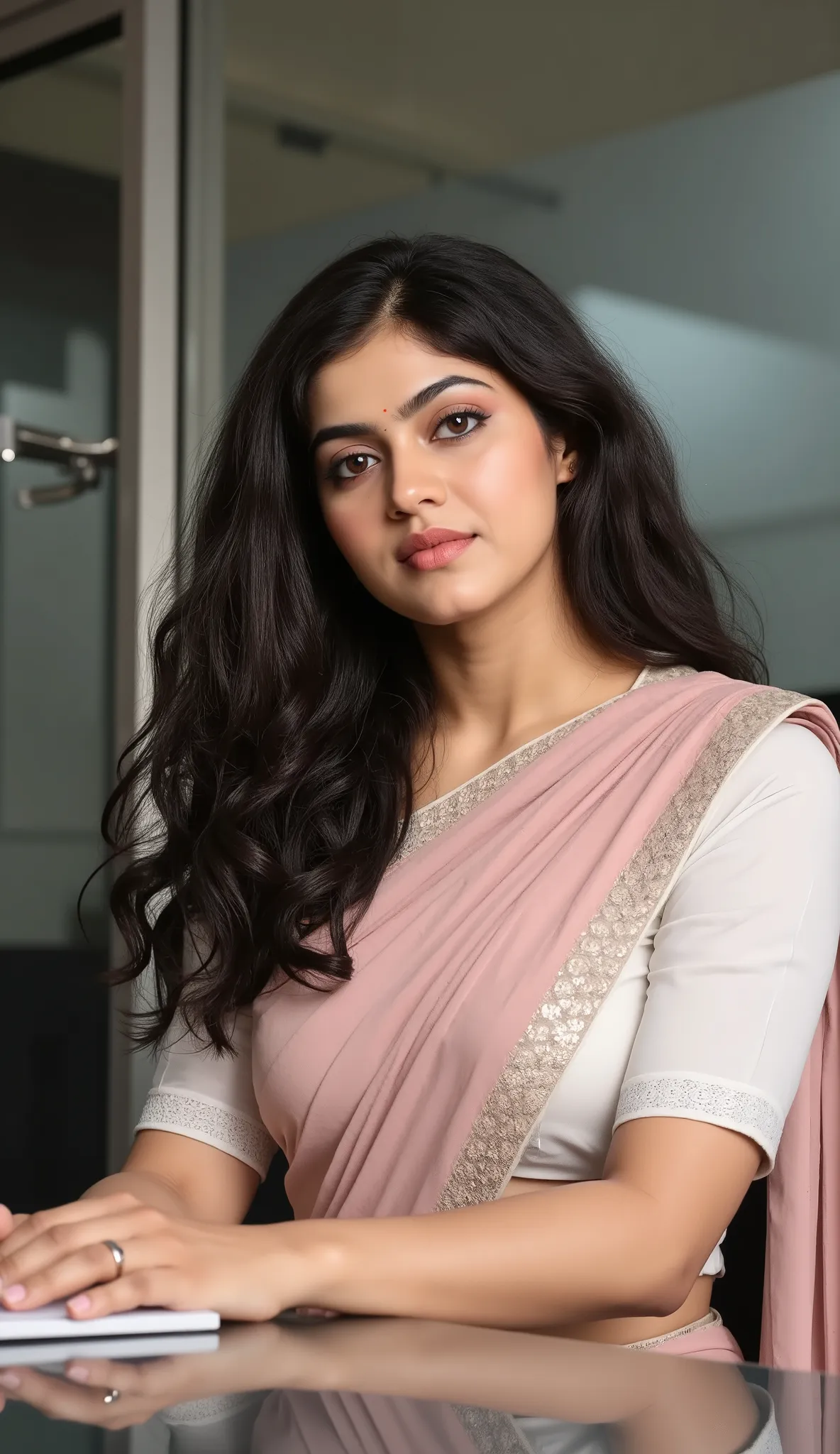A malayali woman, curly wet hair, dressed in light pink  
saree and white blouse working dress, working as a computer programmer in an IT company, looking at camera

