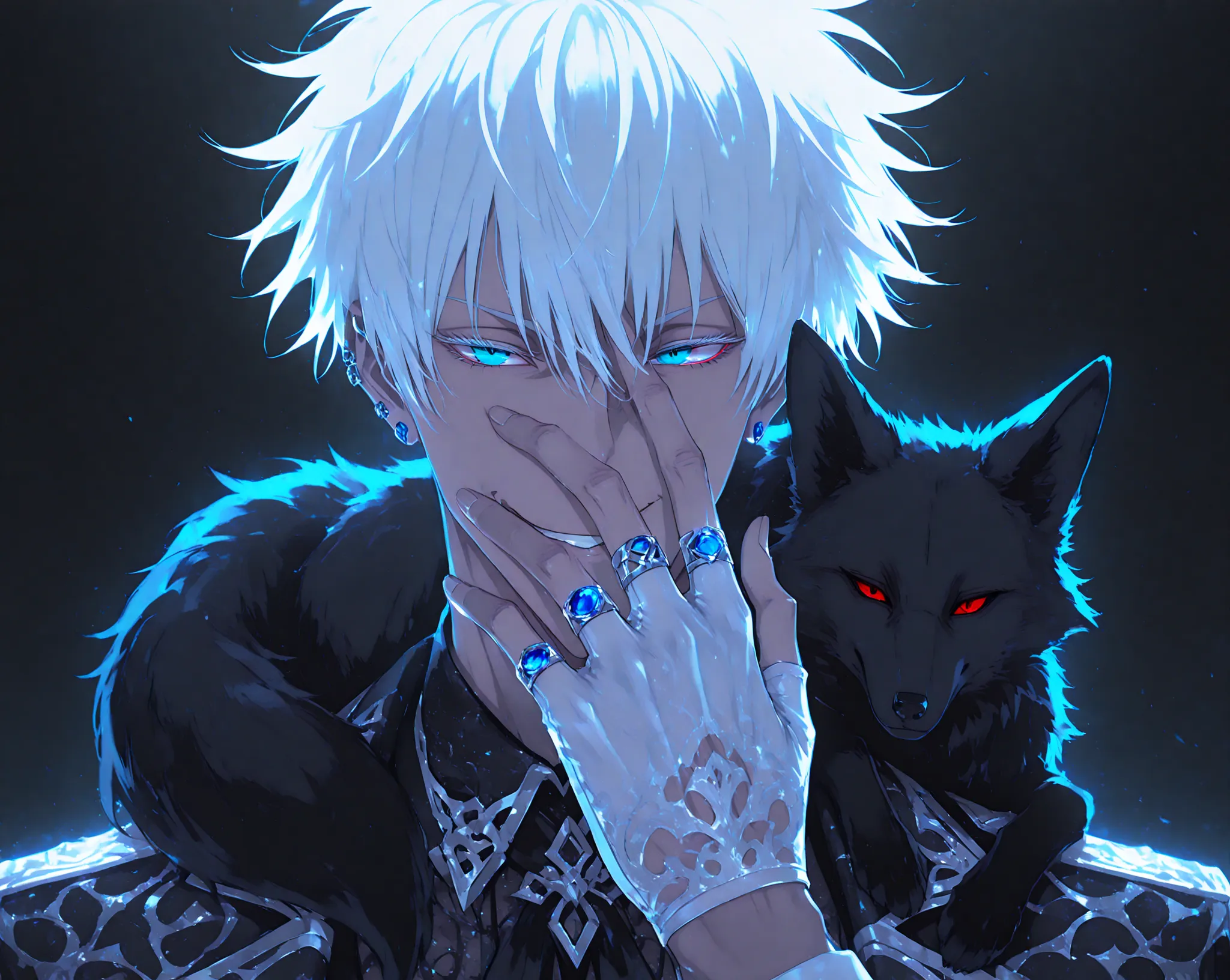 Anime Style, cinematic lighting, cinematic shadows, 1boy, male focus, gojou satoru, jujutsu kaisen, white hair, short hair, (hair between eyes), colored eyelashes, white eyelashes, (blue eyes:1.3), intricate eye iris, detailed eyes, sharp eyes, adult, muscular male, sexy man, handsome man, handsome face, mature, blue earrings, ear piercings, ring, multiple rings, white leather gloves, fingerless gloves, half gloves, solo, portrait, (hand over face), villain aesthetic, evil, villainous, smirk, dynamic shadows, (a black fox with red eyes on his shoulder:1.5), male cool clothes, cool fashion, intricate clothes, intricate accessories, intricate patterns, cool, stylish, alternate costume, black gloves, black coat, shirt, white pants, dark atmosphere, simple background, black background, red and blue theme, black theme, Abstract_Marble, abstract, pattern, abstract_pattern, marble_pattern,