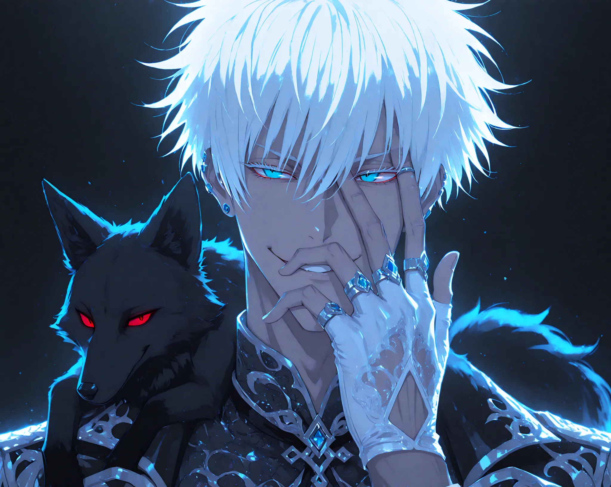 Anime Style, cinematic lighting, cinematic shadows, 1boy, male focus, gojou satoru, jujutsu kaisen, white hair, short hair, (hair between eyes), colored eyelashes, white eyelashes, (blue eyes:1.3), intricate eye iris, detailed eyes, sharp eyes, adult, muscular male, sexy man, handsome man, handsome face, mature, blue earrings, ear piercings, ring, multiple rings, white leather gloves, fingerless gloves, half gloves, solo, portrait, (hand over face), villain aesthetic, evil, villainous, smirk, dynamic shadows, (a black fox with red eyes on his shoulder:1.5), male cool clothes, cool fashion, intricate clothes, intricate accessories, intricate patterns, cool, stylish, alternate costume, black gloves, black coat, shirt, white pants, dark atmosphere, simple background, black background, red and blue theme, black theme, Abstract_Marble, abstract, pattern, abstract_pattern, marble_pattern,
