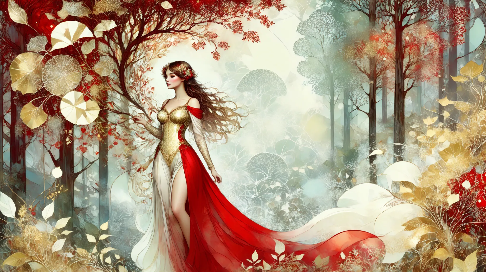 novuschroma style Fluffy magic full body girl fantasy illustration in Novuschroma style in a enchanted forest in August Mucha style as background. color palette white patterns, red and gold