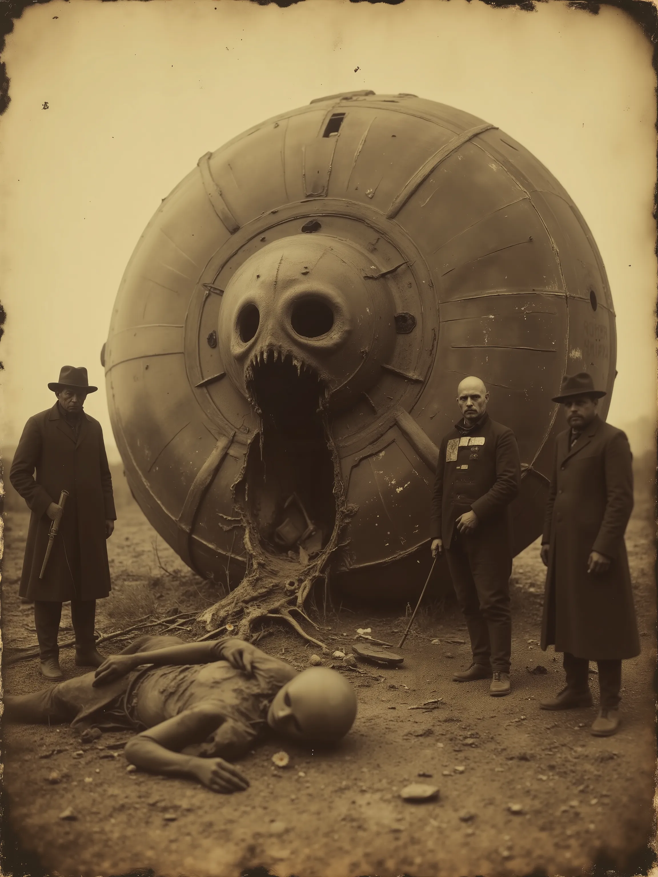 Daguerreotype photograph, tintype,1800s
Photographs taken of an enormous disk shaped, high-tech looking unidentified flying craft that has crashed in the desert. The remains of aliens can be seen strewn about outside the craft. Scientists with radiation m...
