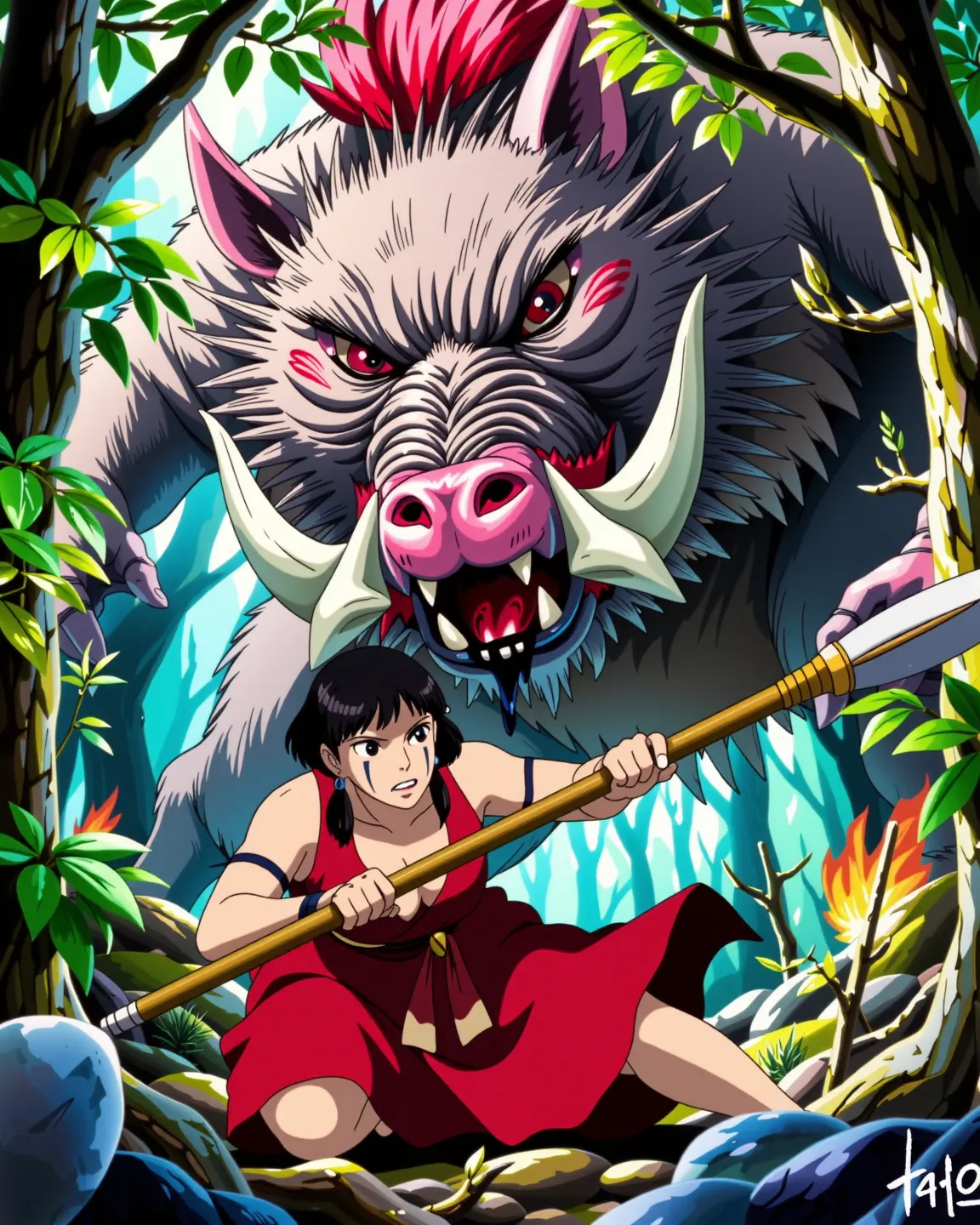 mmno, aidmaimageupgrader, ghiblistyle. A semi-realistic, 2.5D portrait of an action scene of a woman fighting a boar god. (San from Princess Mononoke:1.37). Her makeup and facial marks are smudged and dirty. She is in a low action pose, holding a spear on one hand, seen from a dynamic angle. Battle scene, combat in a dense and green forest with spots of flame in the branches. A giant Japanese boar god looms over the woman, looking rabid, and foaming at the mouth with black goo. The woman faces off against the boar. 