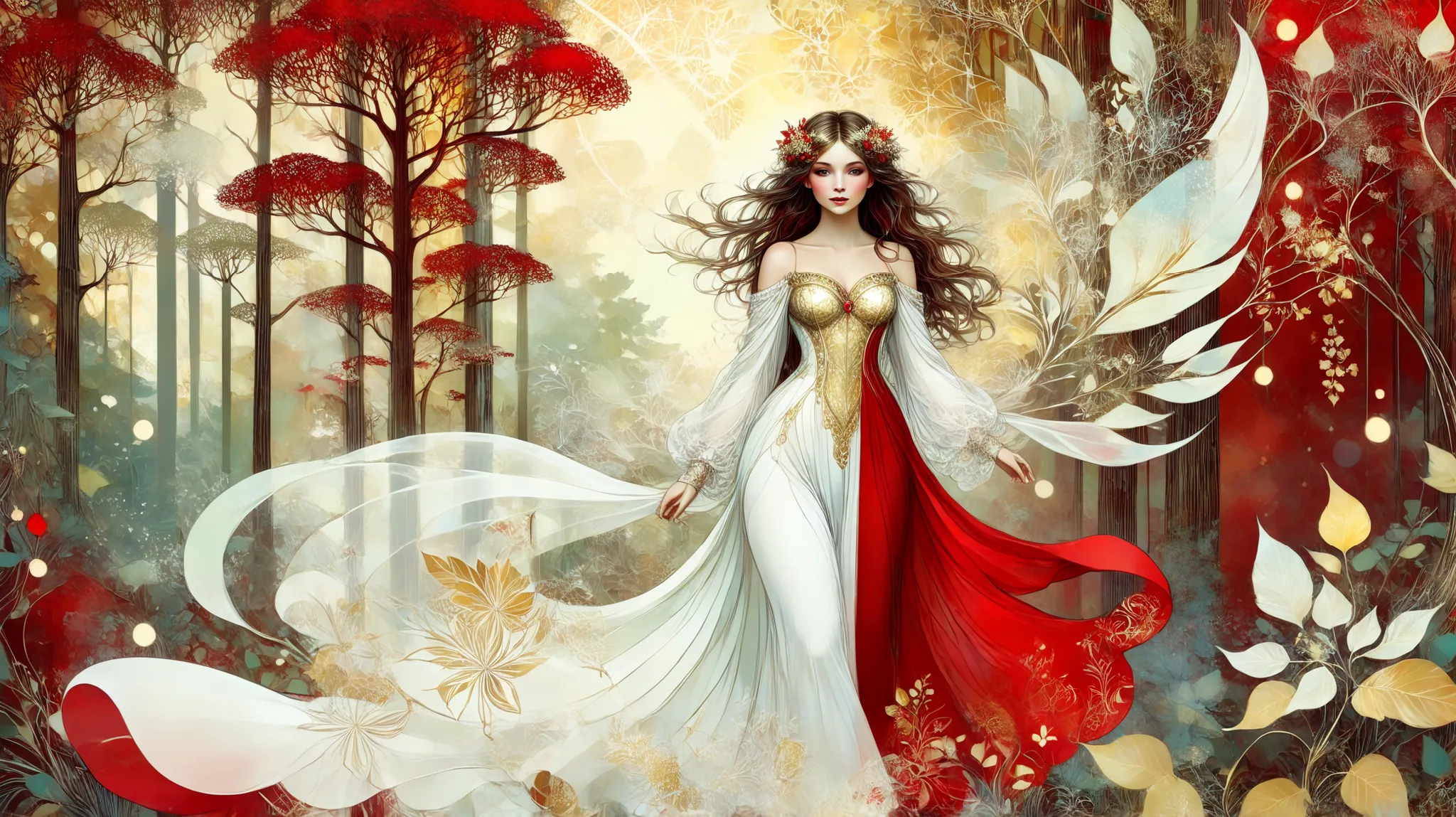 novuschroma style Fluffy magic full body girl fantasy illustration in Novuschroma style in a enchanted forest in August Mucha style as background. color palette white patterns, red and gold