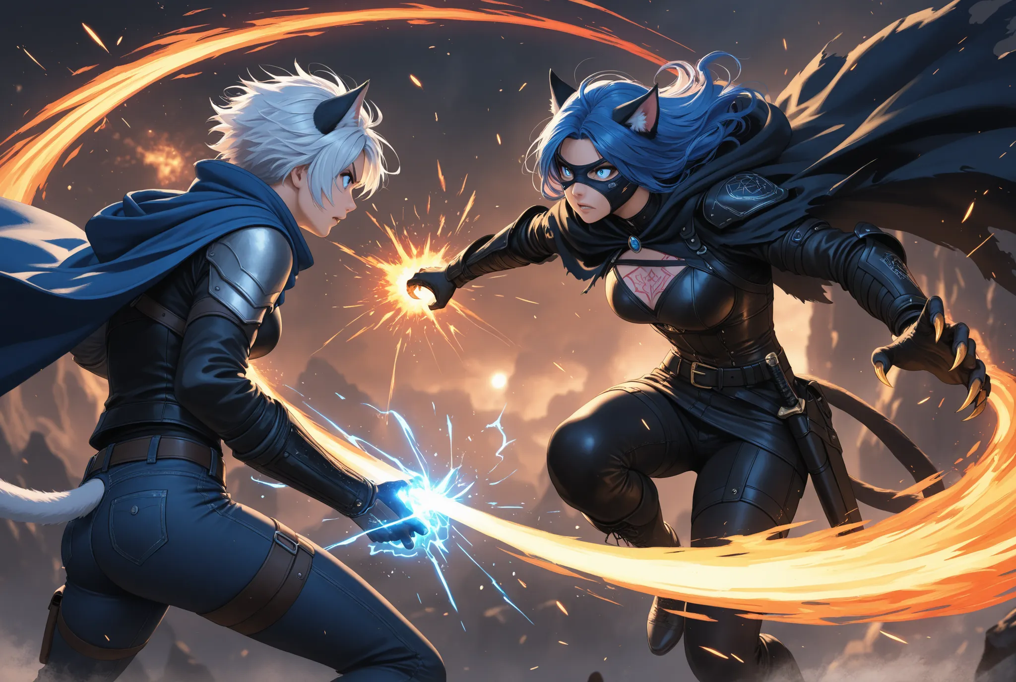 a dramatic battle scene between two anthropomorphic cat warriors, one casting elemental spells with fire and water, wearing a mage's cloak with runes, and the other a wild-haired fighter in leather and denim, slashing through magic with claws and energy, e...