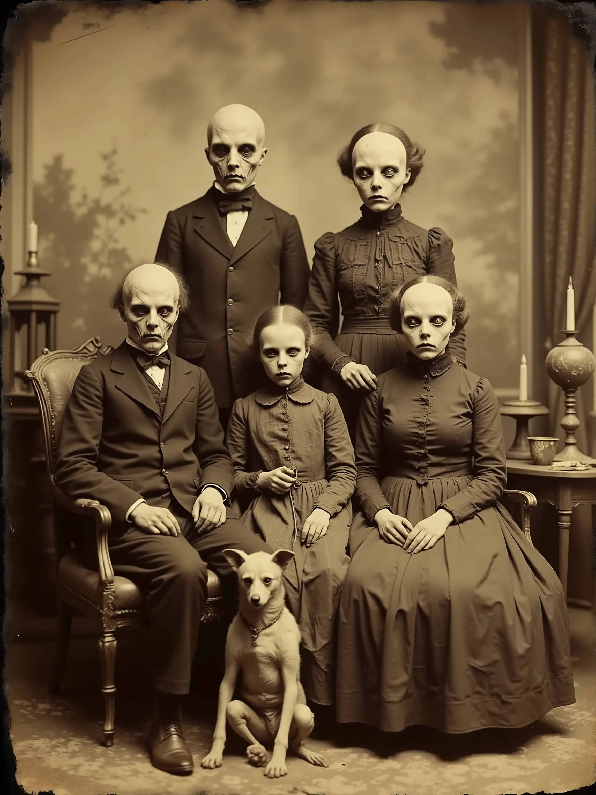 Daguerreotype photograph, tintype, early 1800s
Photographs of unusual looking, deformed, pale skinned, mishapen, inbred families with pets posing in a large living room setting. The furniture and background is that of a typical home in the mid 1800's. The...