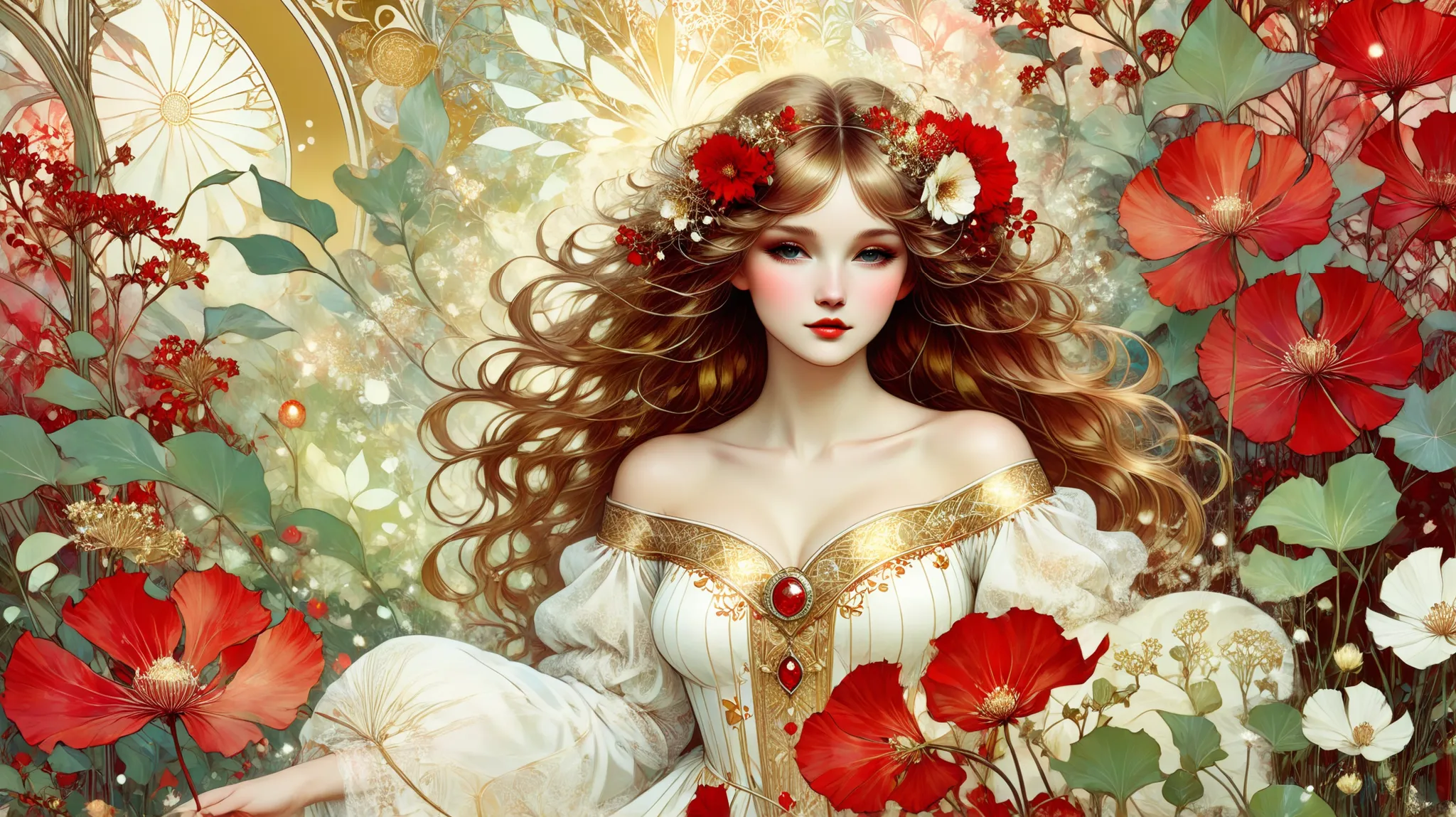 novuschroma style Fluffy magic full body girl fantasy illustration in Novuschroma style in a enchanted garden in August Mucha style as background. color palette white patterns, red and gold