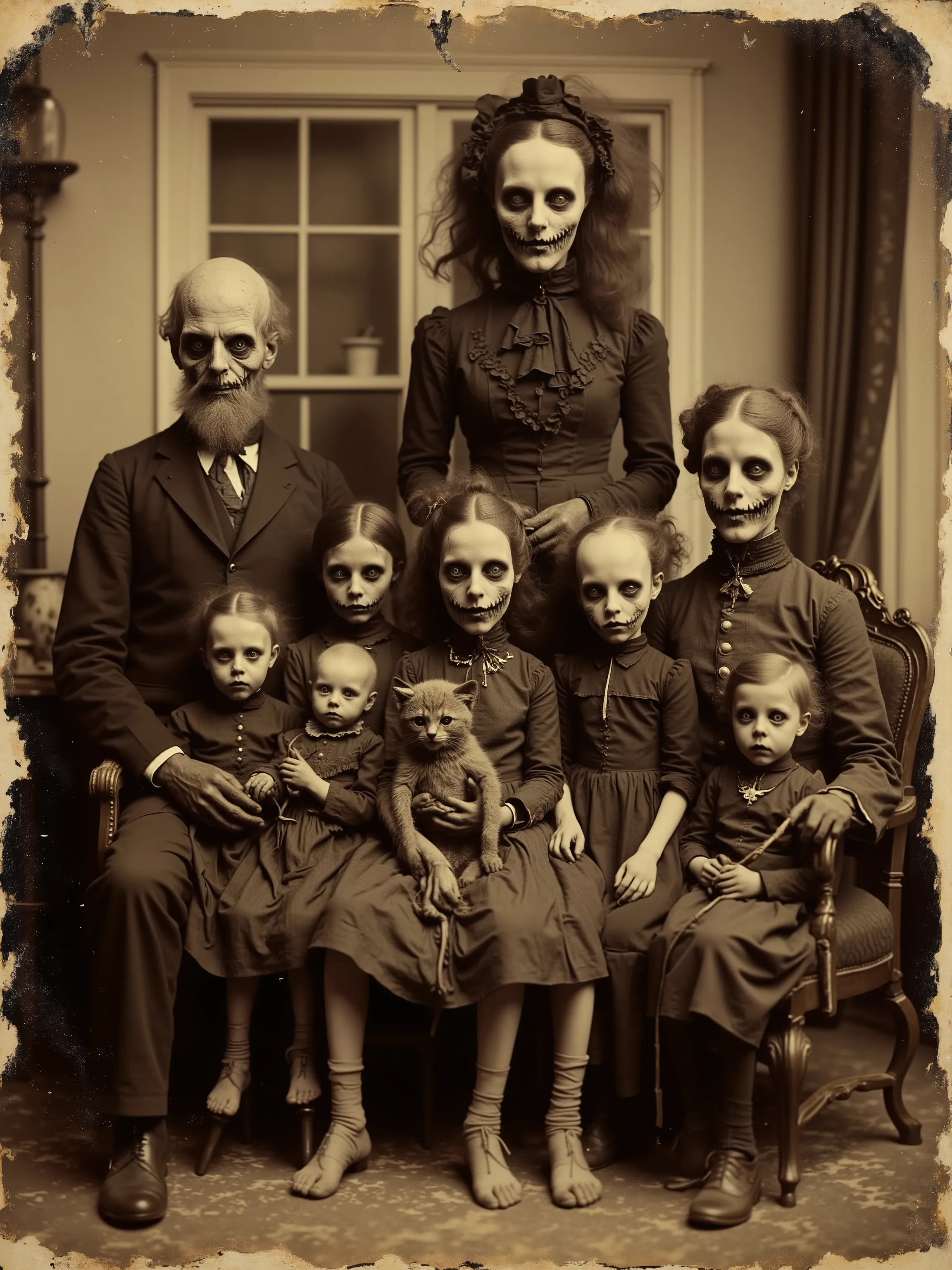 Daguerreotype photograph, tintype, early 1800s
Photographs of unusual looking, deformed, pale skinned, mishapen, inbred families with pets posing in a large living room setting. The furniture and background is that of a typical home in the mid 1800's. The...