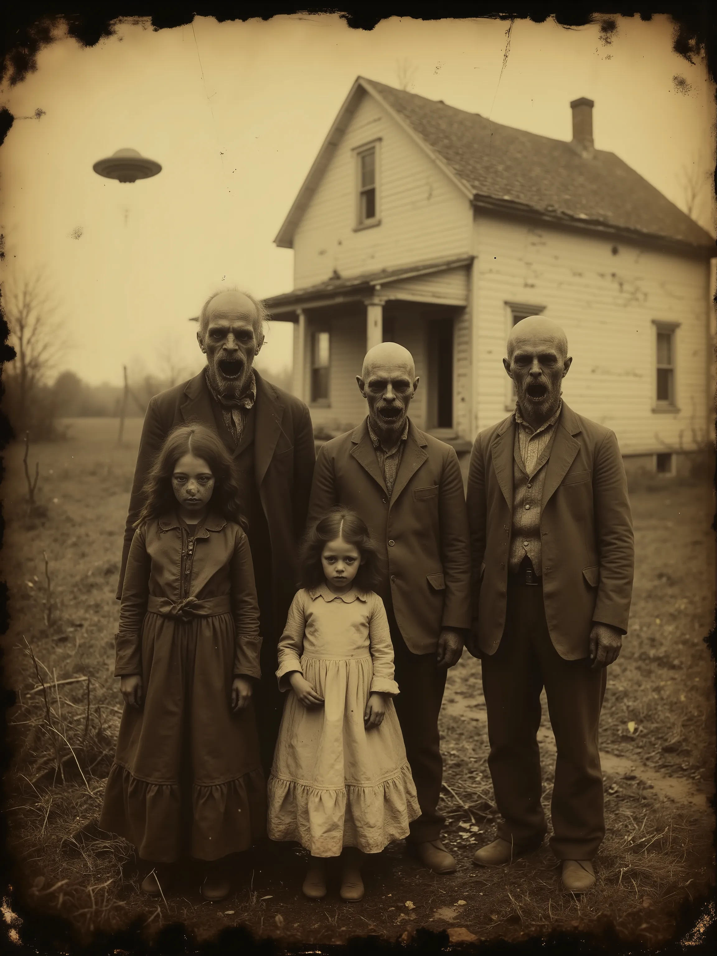Daguerreotype photograph, tintype,1800s
Photographs taken outside of a house isolated far out in the country. A family of very unusual looking, impoverished, deformed, misshapen, inbred hillbilly families with their pets are posing in front of a home that ...