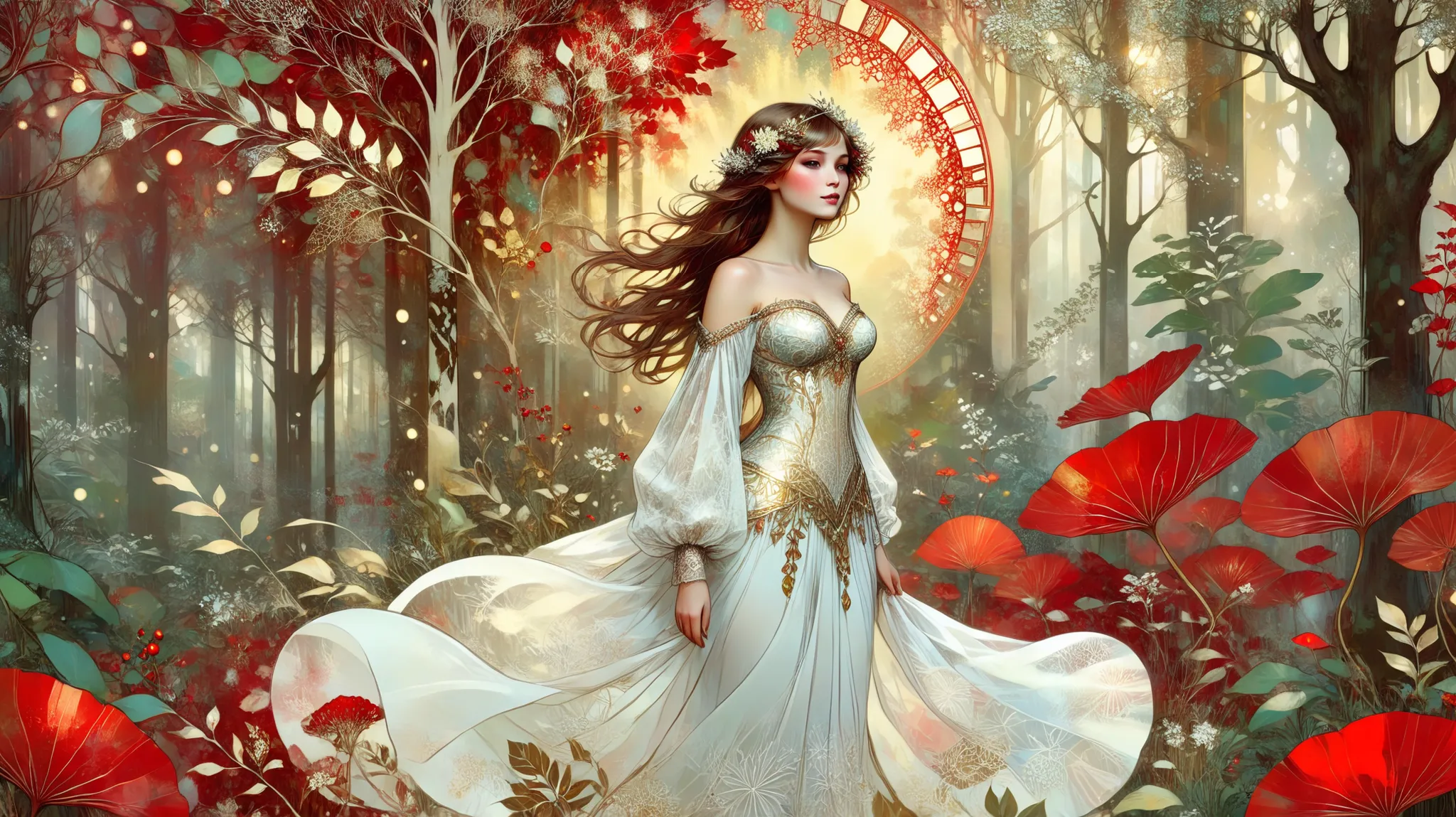 novuschroma style Fluffy magic full body girl fantasy illustration in Novuschroma style in a enchanted forest in August Mucha style as background. color palette white patterns, red and gold