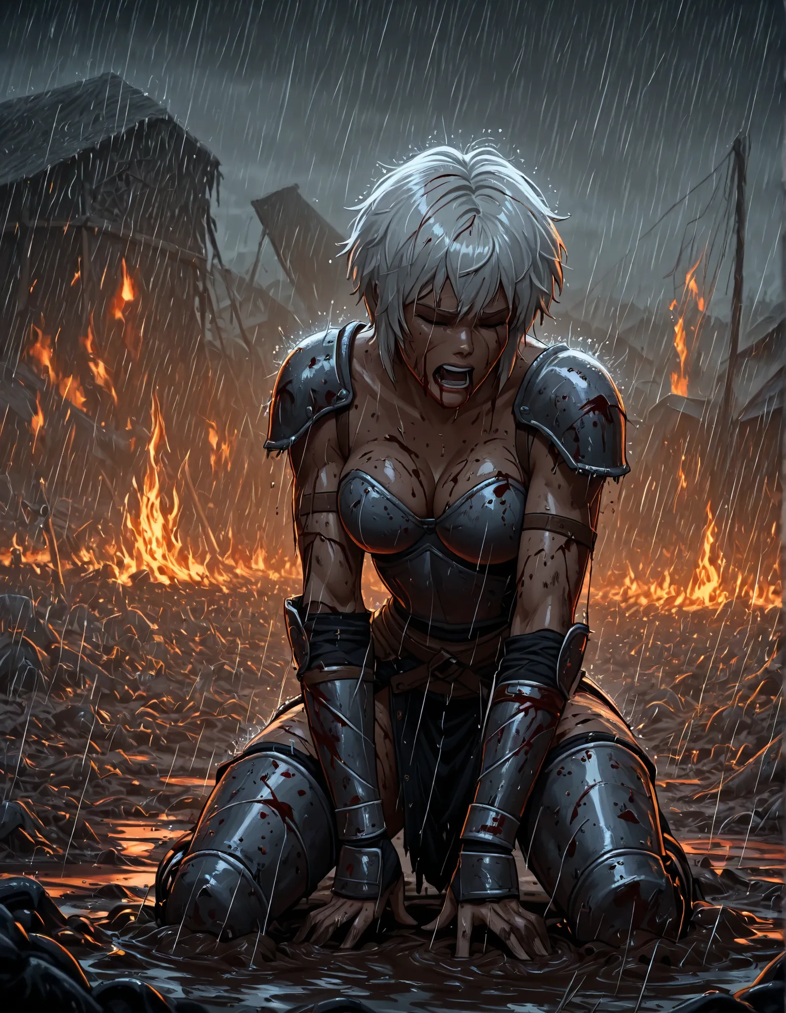 female warrior, injured and bloody, short tomboy style hair, injured, bloody, heavy rain, battlefield, mud, flames, cring, mouth open , eyes closed