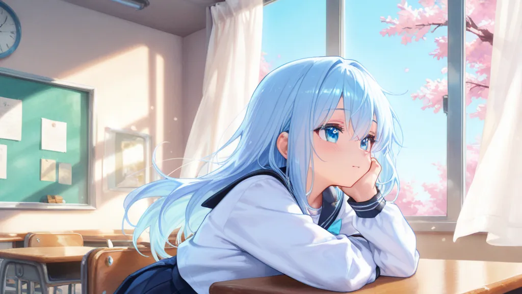 Anime-style, slice of life scene. A high school girl stands by a classroom window, sunlight streaming in. Eye level or slight side view. She wears a white school uniform with a navy skirt, her hair gently blown by a breeze. She smiles softly while looking out at cherry blossoms under a clear blue sky. Bright blue tones dominate the scene, with pastel light blue, sky blue, and soft white. Background: wooden desks, white curtains swaying. Fresh, dreamy, warm and romantic mood, like a spring K-drama.