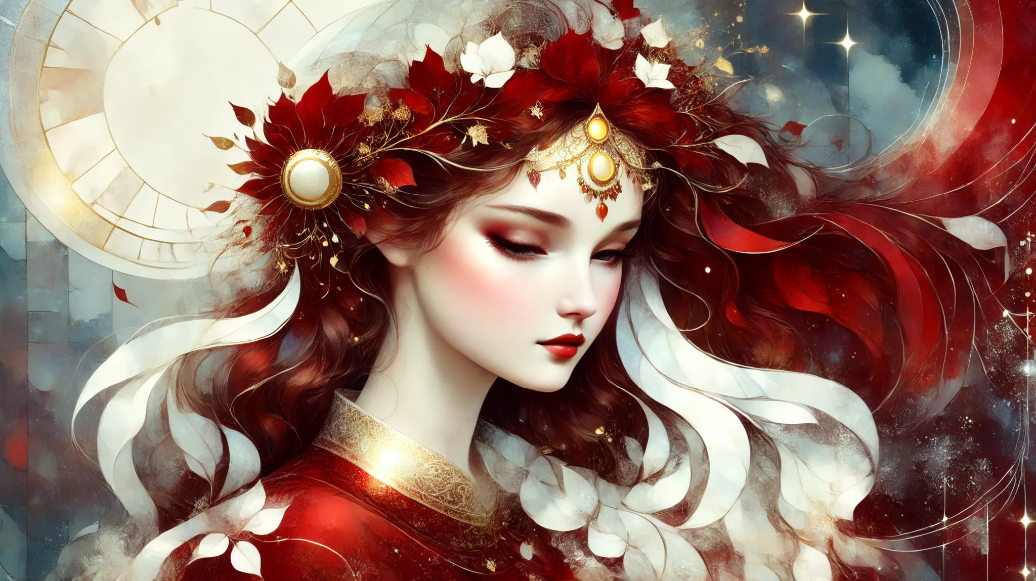 novuschroma style Fluffy magic full body girl fantasy illustration in Novuschroma style in a enchanted meadown with crescent moon in August Mucha style as background. color palette white patterns, red and gold
