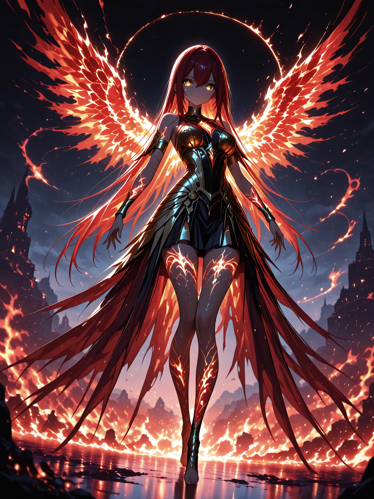 masterpiece, best quality, 4k, 1 girl , golden eyes , very long hair , long sidelocks, red hair , petite , very cute , beautiful ,Straight hair, cool, handsome, hair between eyes, medium breast,
Goddess, wearing feathered skirt, red and gold fantasy clo...