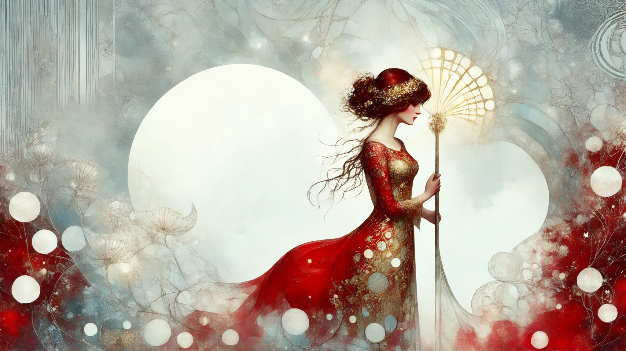 novuschroma style Fluffy magic full body girl fantasy illustration in Novuschroma style in a enchanted meadown with crescent moon in August Mucha style as background. color palette white patterns, red and gold