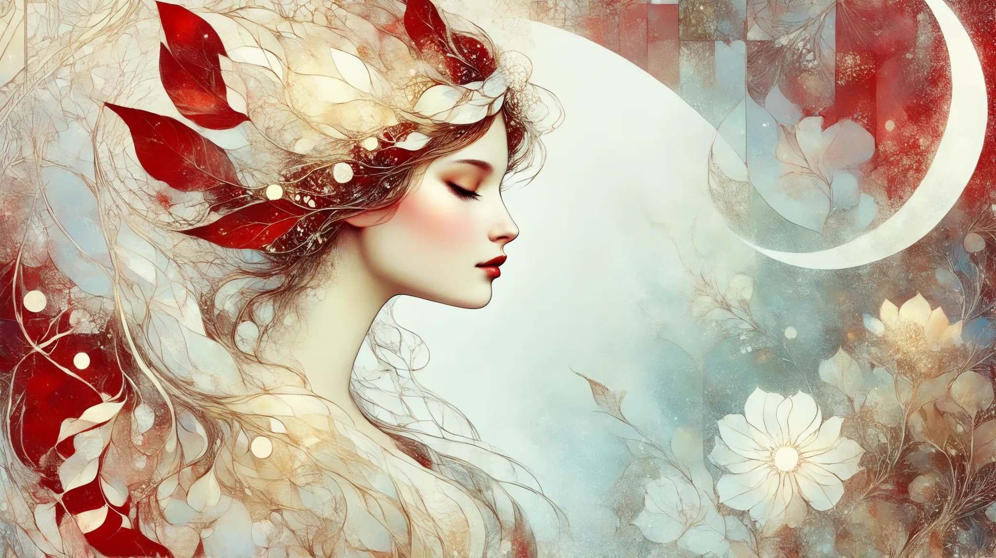 novuschroma style Fluffy magic full body girl fantasy illustration in Novuschroma style in a enchanted meadown with crescent moon in August Mucha style as background. color palette white patterns, red and gold