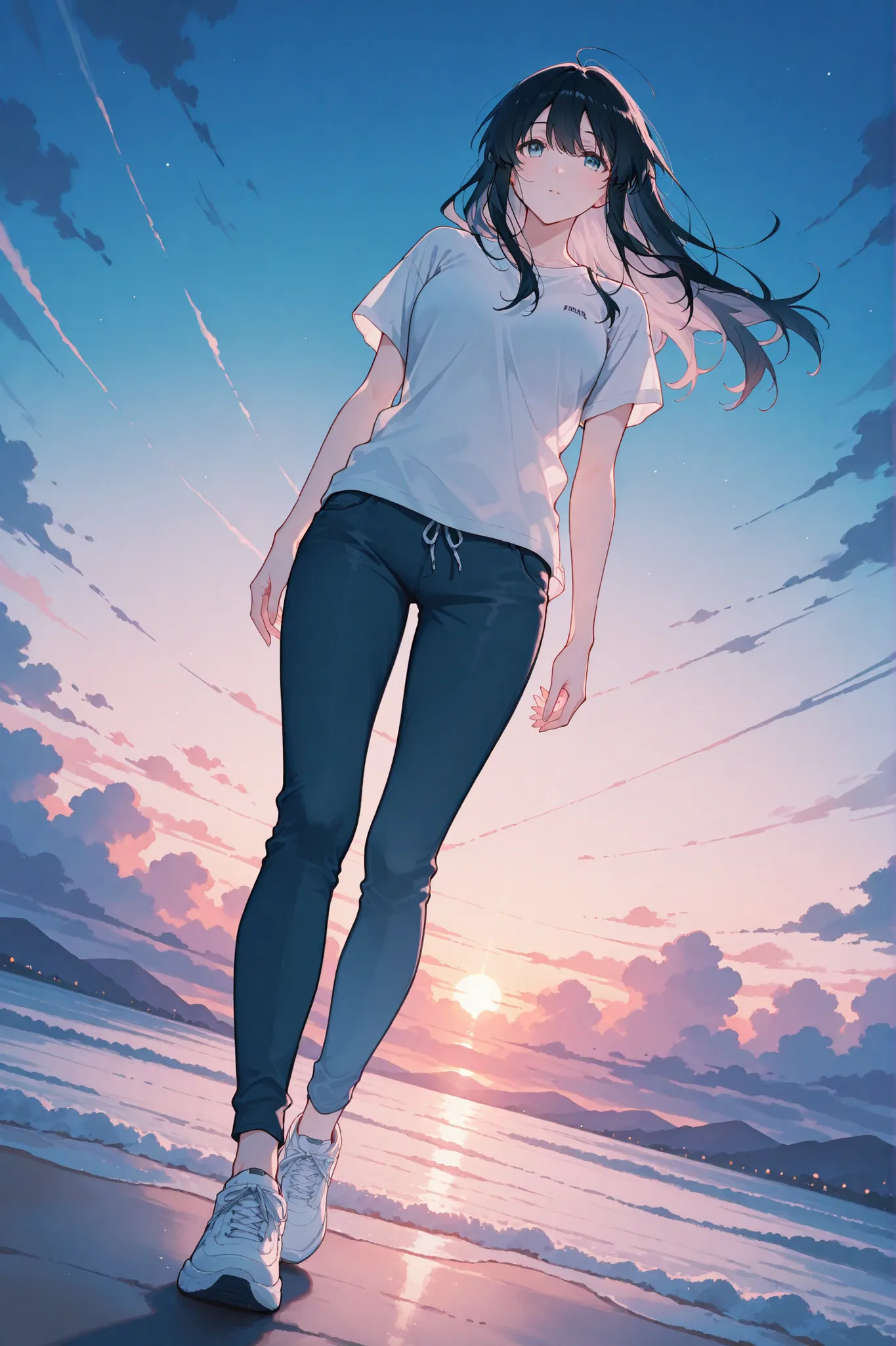 masterpiece,best quality,dynamic angle,fullbody shot,woman,(tareme:0.7),black hair,sidelocks,long hair,(Broad shoulders:1.2),slim,t shirt,pants,dusk,アニメ風、高精細