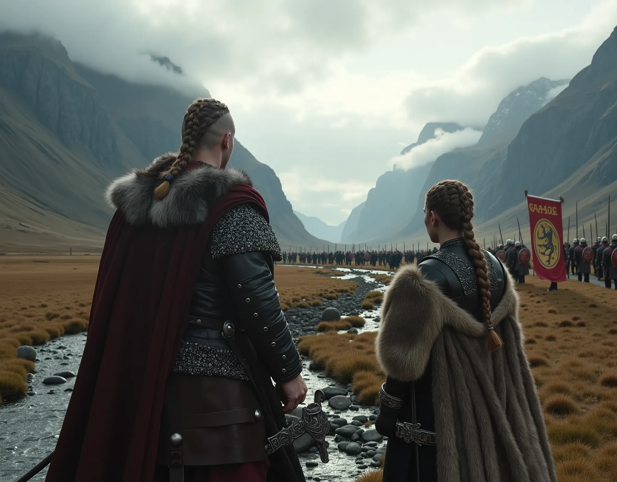 Steep and dramatic mountains are towering in the background and slightly obfuscated by low clouds as dawn breaks and some sunrays pierce the clouds. A stream snakes its way down the fjord valley, revealing an ornate longhouse on the far riverbed. In the fo...