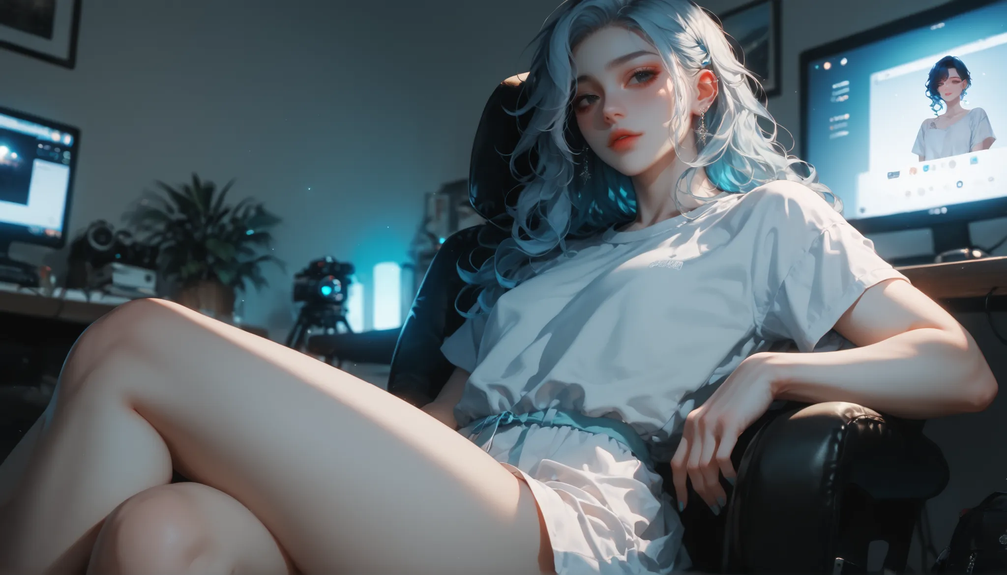(femboy:1.2), (white skin tone:1.1), ((thick thighs)):1.3, (shoulder-length wavy hair:1.05) femboy, white skin tone, slender waist, shoulder-length slightly wavy hair, black eyes, wearing loose t-shirt, sitting leaning back on a high-end gaming chair, nigh...