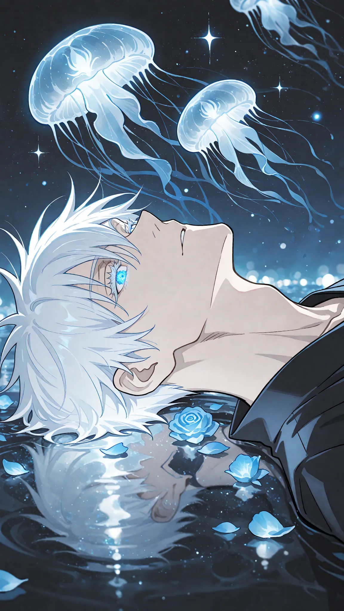 anime style, (flat colors:1.5), [black theme|white theme|blue theme], 8k, HDR, extremely detailed face and eyes, beautiful face and eyes, Glowing_Lights, glowing_light, glowing, glowing_effect, sparkling, particles, sparkle_effect, light_particles, glitter, glitter_effect, bokeh, light_bokeh, light_reflection, Abstract_Marble, abstract, pattern, abstract_pattern, marble_pattern, solo, 1boy, male focus, gojou satoru \(jujutsu kaisen\), white eyelashes, long eyelashes, blue eyes, intricate eye iris, detailed eyes, white hair, short hair, hair between eyes, muscular, toned body, wide shoulder, sexy man, handsome, hansome face, mature male, cool, elegant clothes, (close-up:01.1), blue roses, petals, scenery, night sea, reflective water, moon, starry sky, floating jellyfish, moonlight