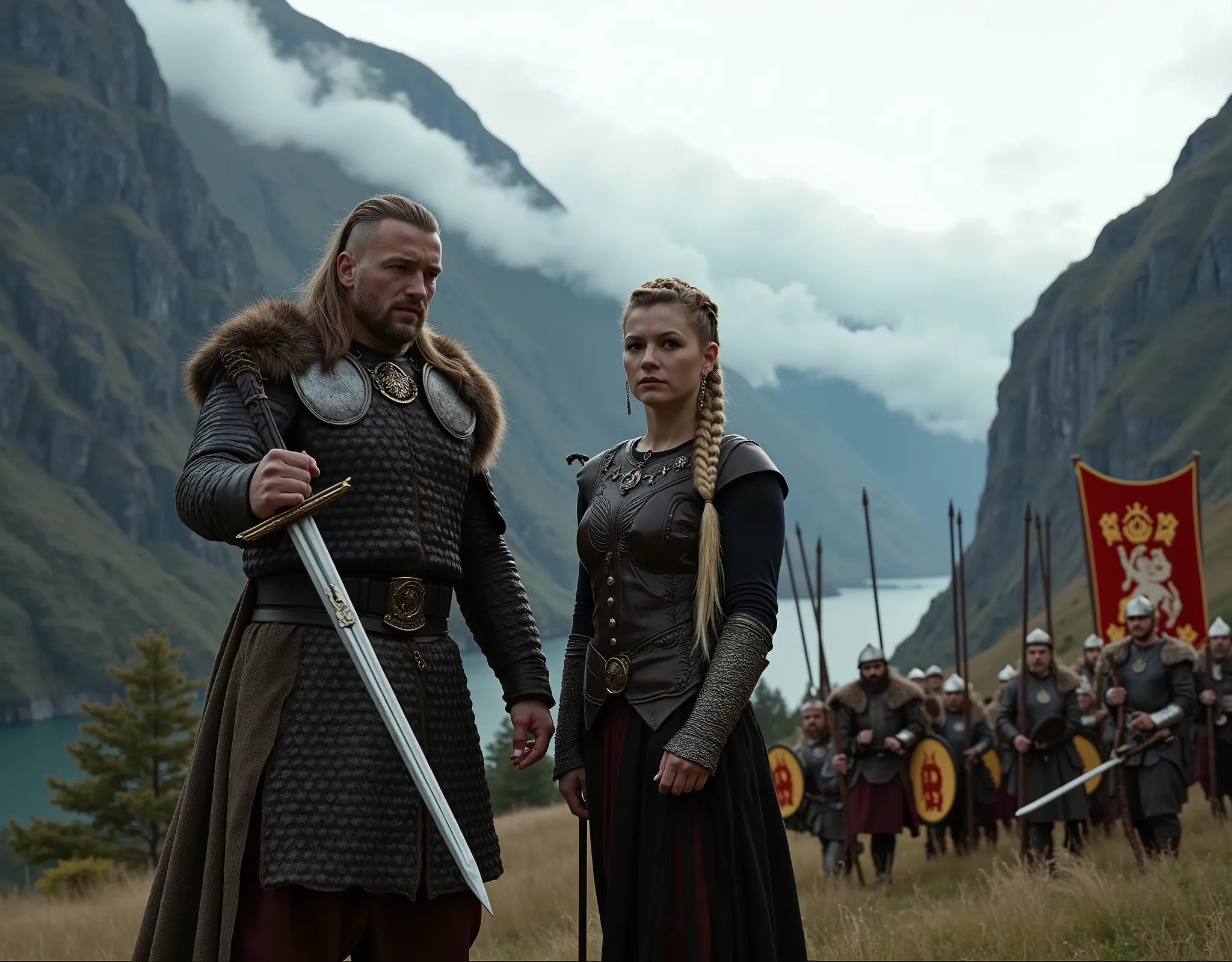 Steep and dramatic mountains are towering in the background and slightly obfuscated by low clouds as dawn breaks and some sunrays pierce the clouds. A stream snakes its way down the fjord valley, revealing an ornate longhouse on the far riverbed. In the fo...