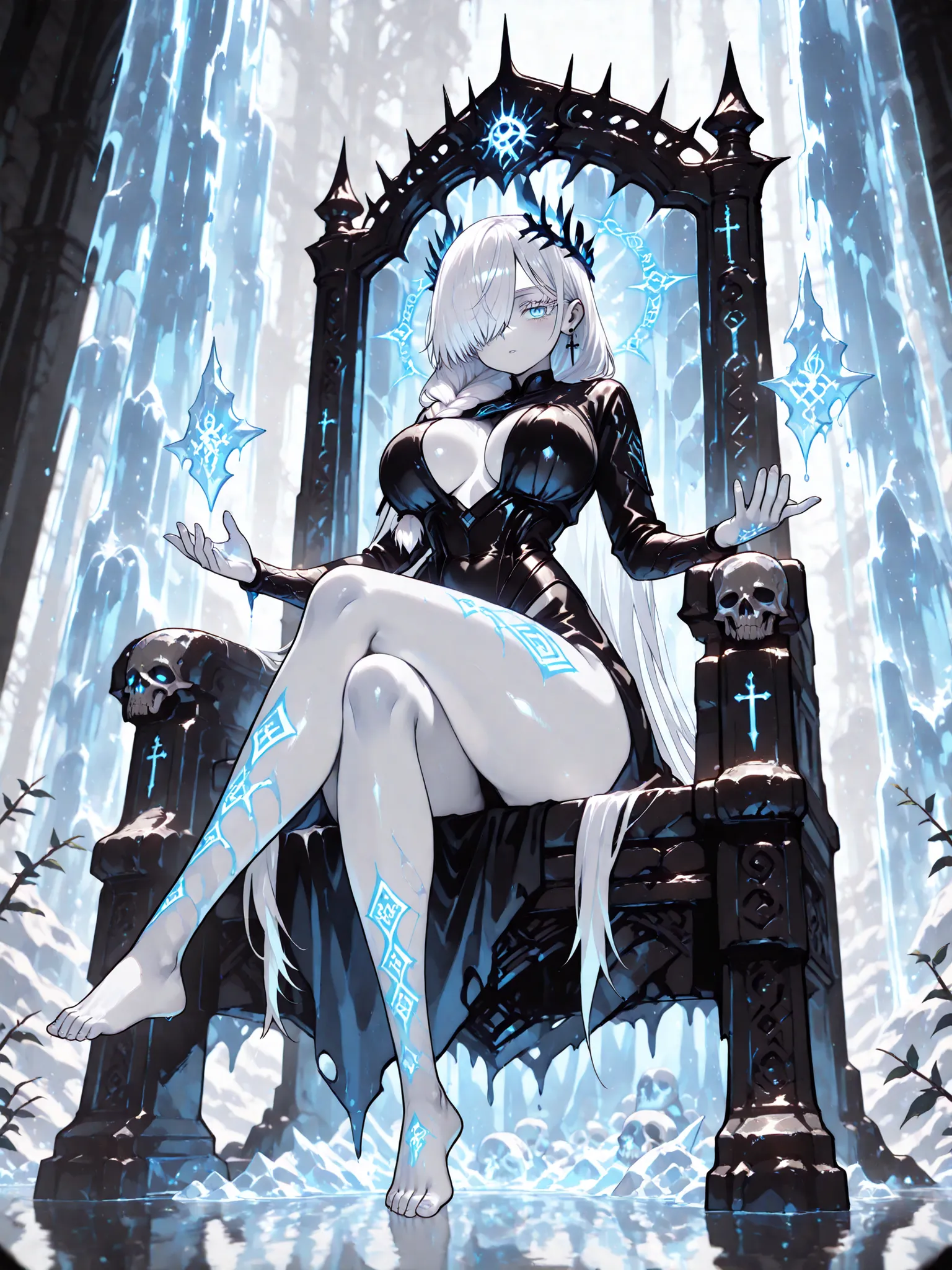 1girl, Gojo Monika, white hair, very long hair, hair over right eye, blue eyes, colored eyelashes, white eyelashes, large breasts, pale skin, barefoot, cross-legged, pale-blue skin, glowing runes, icy energy, braided hair, bones, runes, frozen waterfall, ...