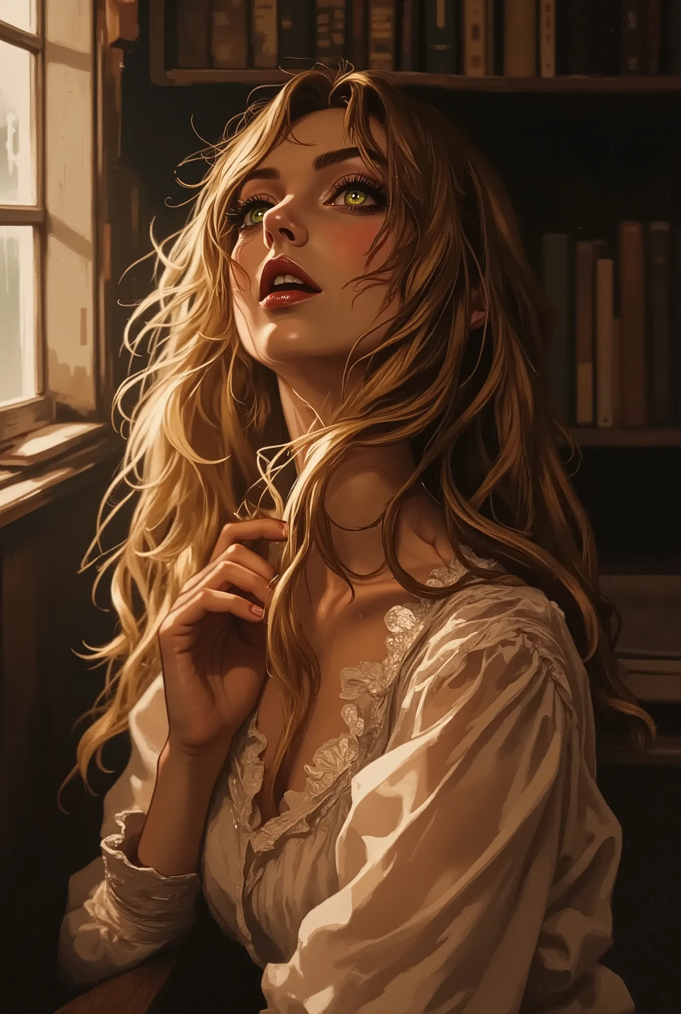 A striking artistic portrait photograph with grainy color diffusion of a close-up beauty shot, the subject making direct eye contact with the viewer with beautiful green blue eyes, exuding a sense of connection and quiet confidence. Impeccable makeup artis...