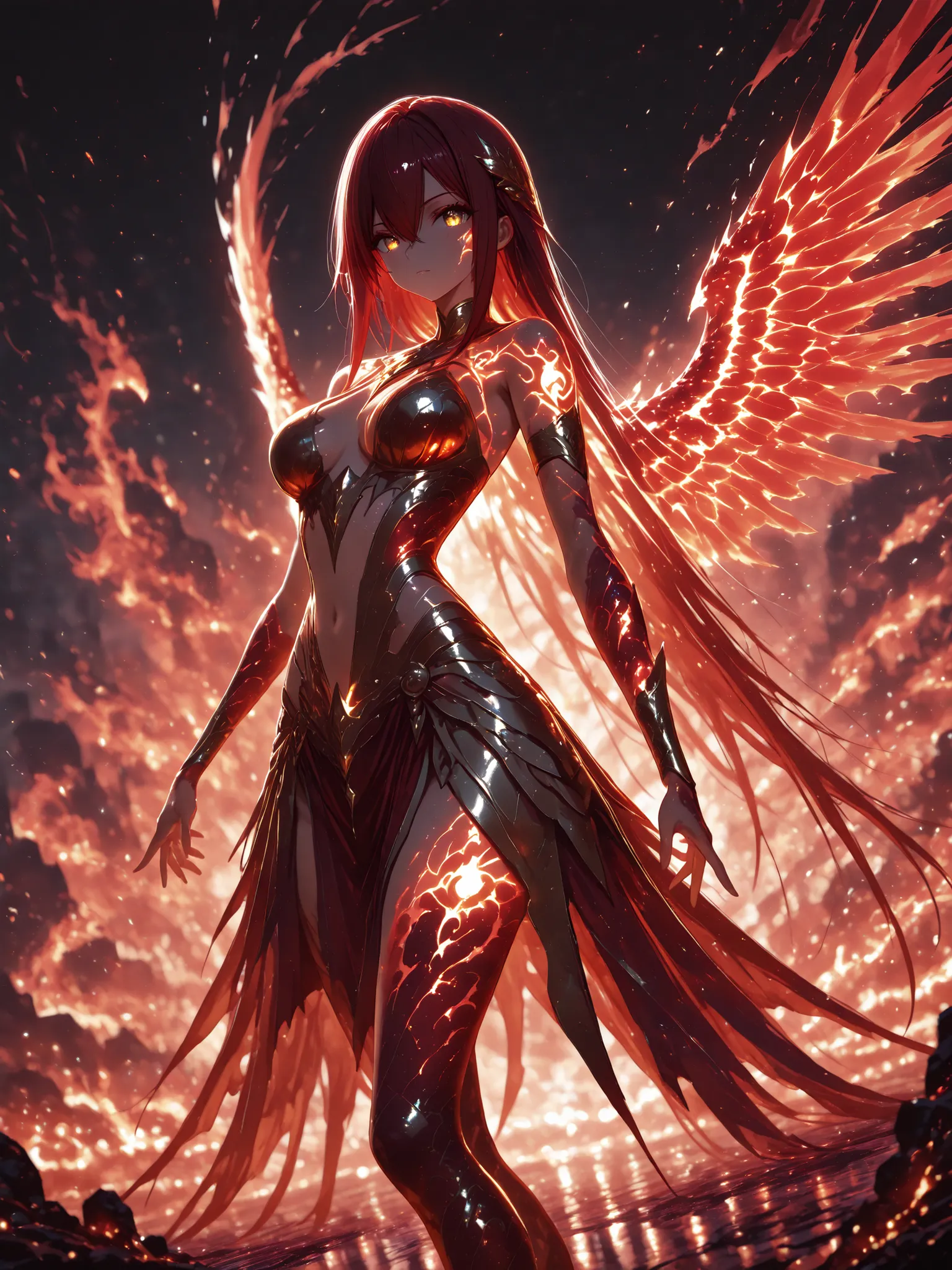 masterpiece, best quality, 4k, 1 girl , golden eyes , very long hair , long sidelocks, red hair , petite , very cute , beautiful ,Straight hair, cool, handsome, hair between eyes, medium breast,
Goddess, wearing feathered skirt, red and gold fantasy clo...