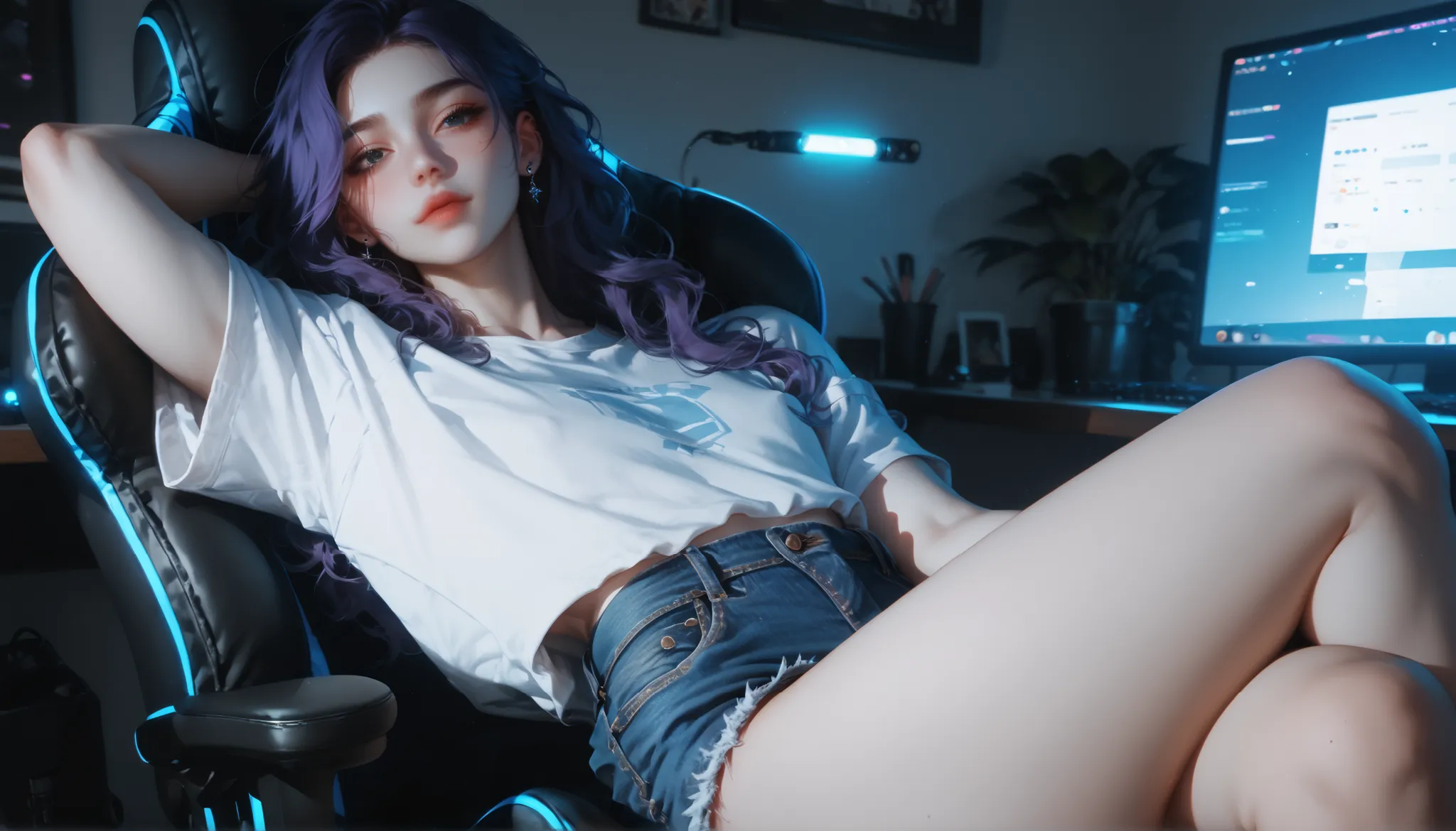 (femboy:1.2), (white skin tone:1.1), ((thick thighs)), (long wavy hair:1.05) femboy, white skin tone, slim waist, long slightly wavy purple hair, black eyes, wearing loose t-shirt, denim shorts, sitting leaning back on a high-end gaming chair, nighttime be...