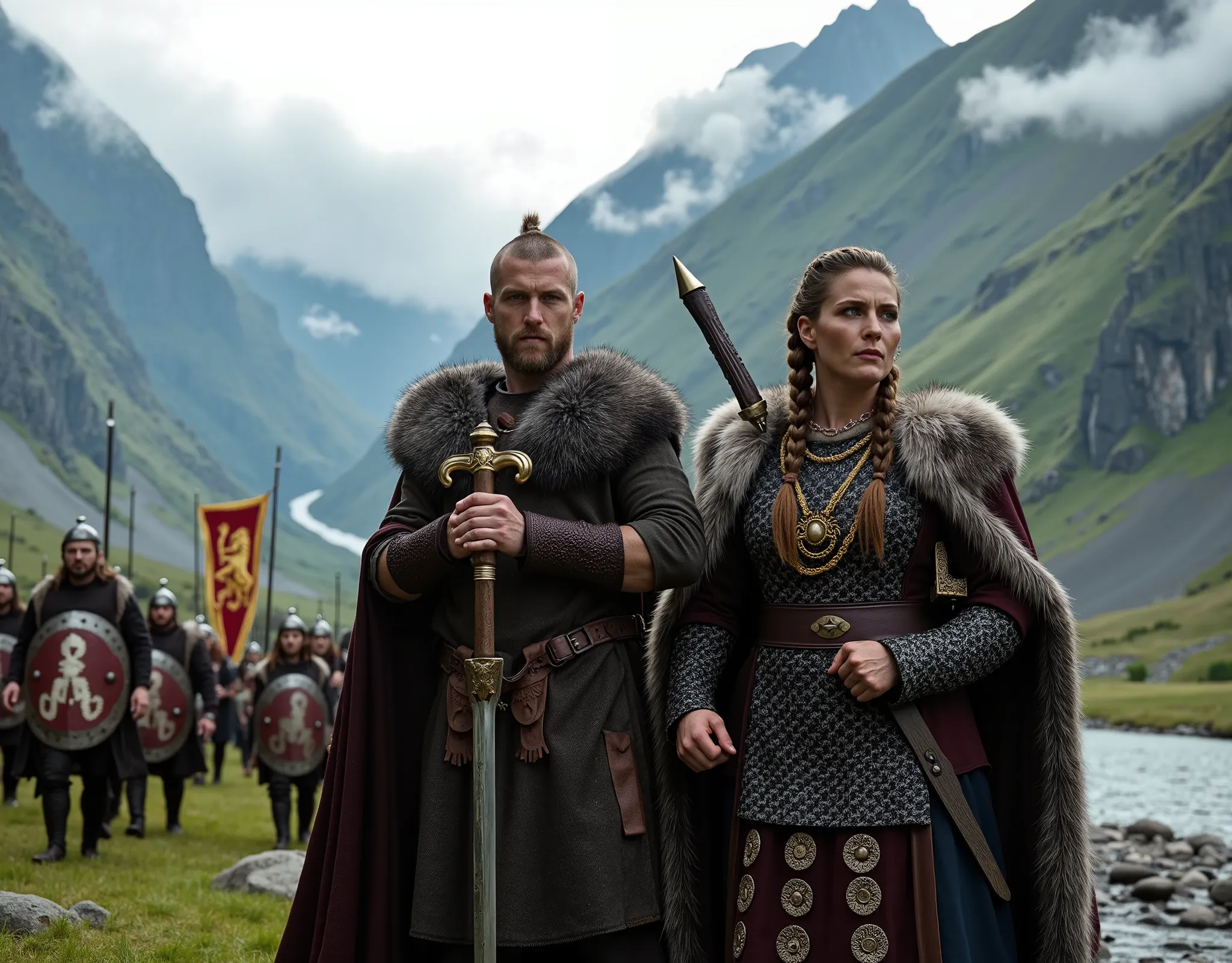 Steep and dramatic mountains are towering in the background and slightly obfuscated by low clouds as dawn breaks and some sunrays pierce the clouds. A stream snakes its way down the fjord valley, revealing an ornate longhouse on the far riverbed. In the fo...