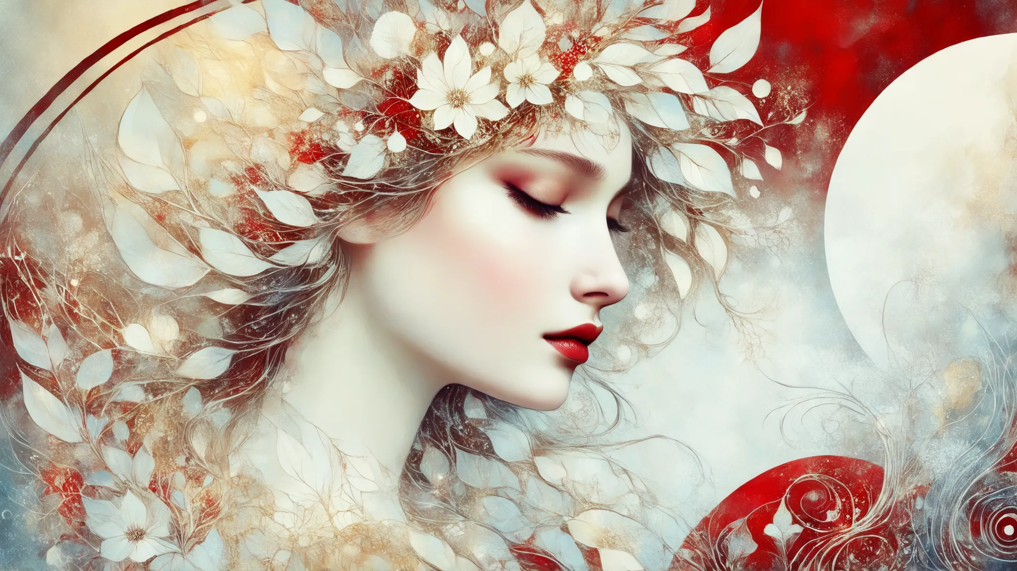novuschroma style Fluffy magic full body girl fantasy illustration in Novuschroma style in a enchanted meadown with crescent moon in August Mucha style as background. color palette white patterns, red and gold