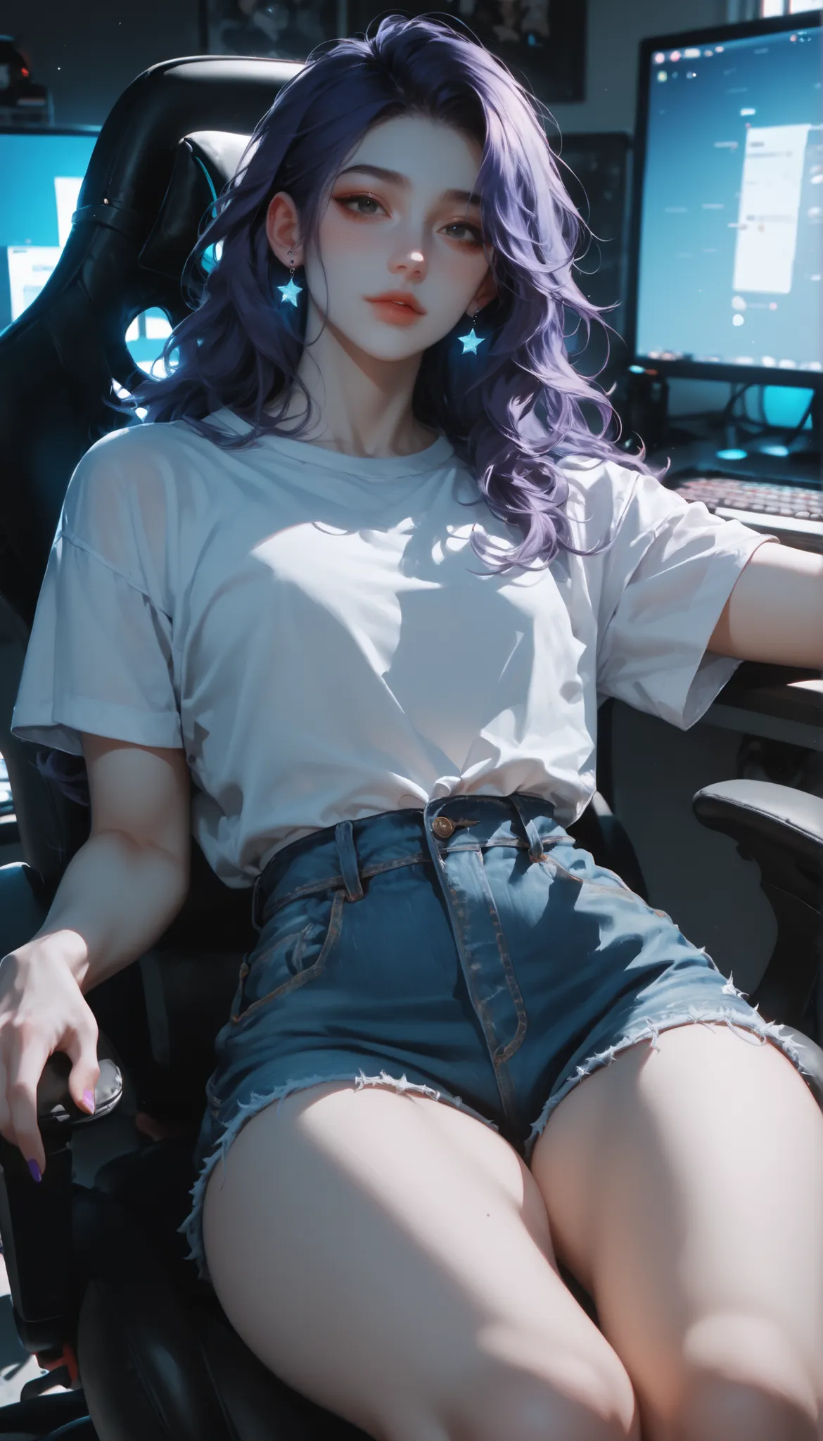 (femboy:1.2), (white skin tone:1.1), ((thick thighs)), (long wavy hair:1.05) femboy, white skin tone, slim waist, long slightly wavy purple hair, black eyes, wearing loose t-shirt, denim shorts, sitting leaning back on a high-end gaming chair, nighttime be...