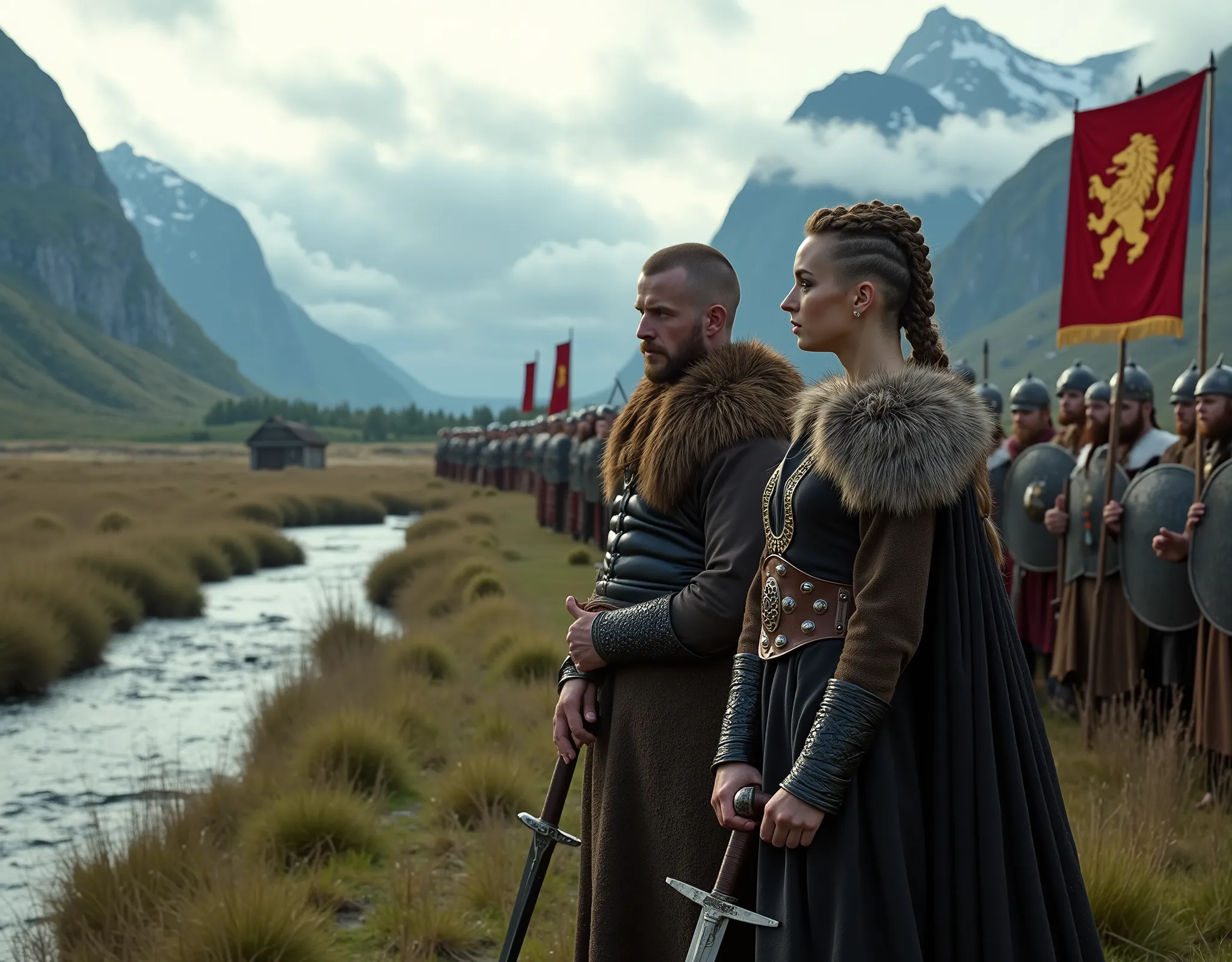 Steep and dramatic mountains are towering in the background and slightly obfuscated by low clouds as dawn breaks and some sunrays pierce the clouds. A stream snakes its way down the fjord valley, revealing an ornate longhouse on the far riverbed. In the fo...