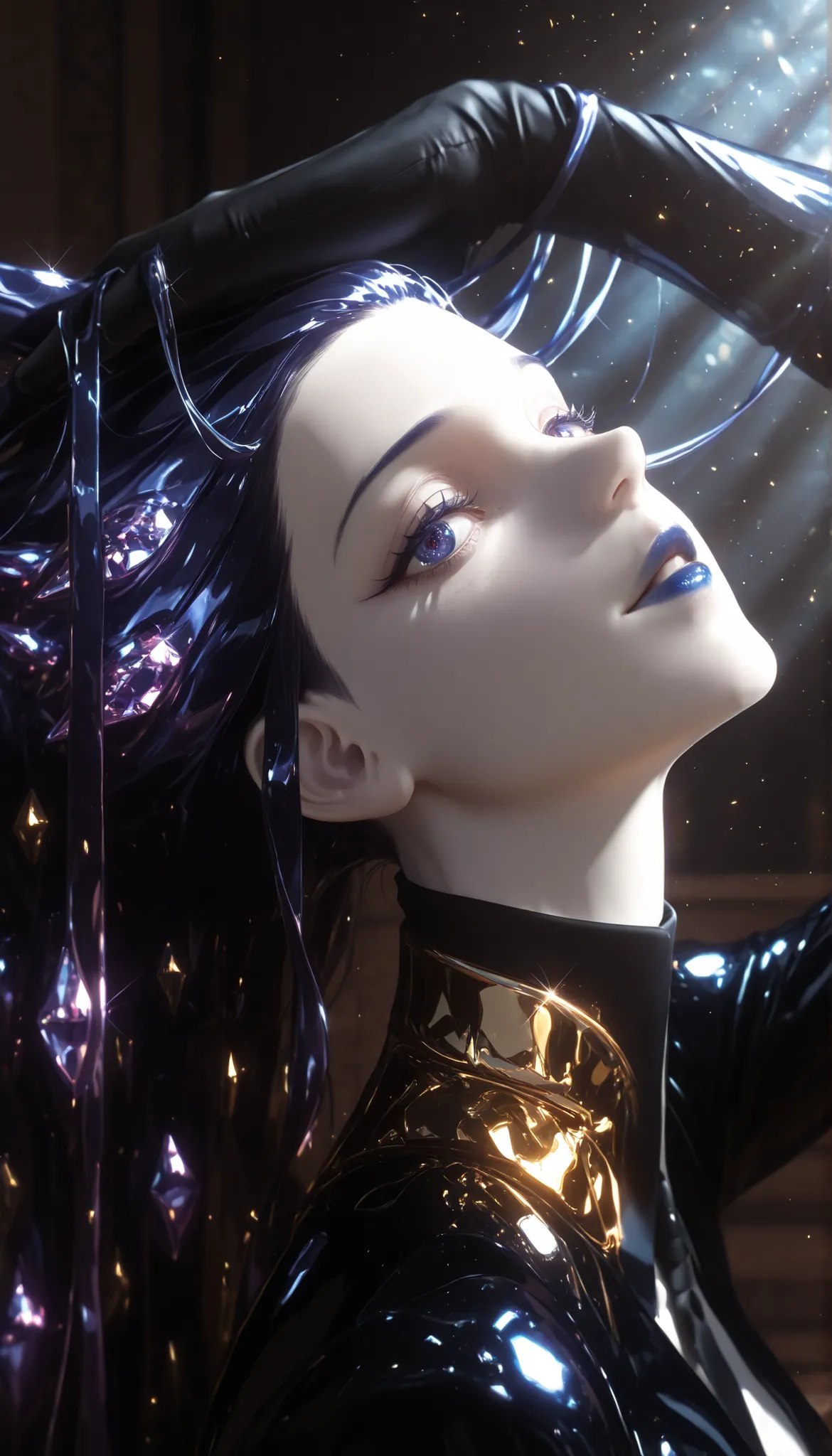 Masterpiece, undershirt, newer ,absurdres, High resolution,vista muy about,detailed background, A girl, about,Floating,crystal hair,cabello largo,sunlight,portrait,shiny purple hair,dark blue hair,Dark blue lips,eyes dark blue,white skin,gold particles in...