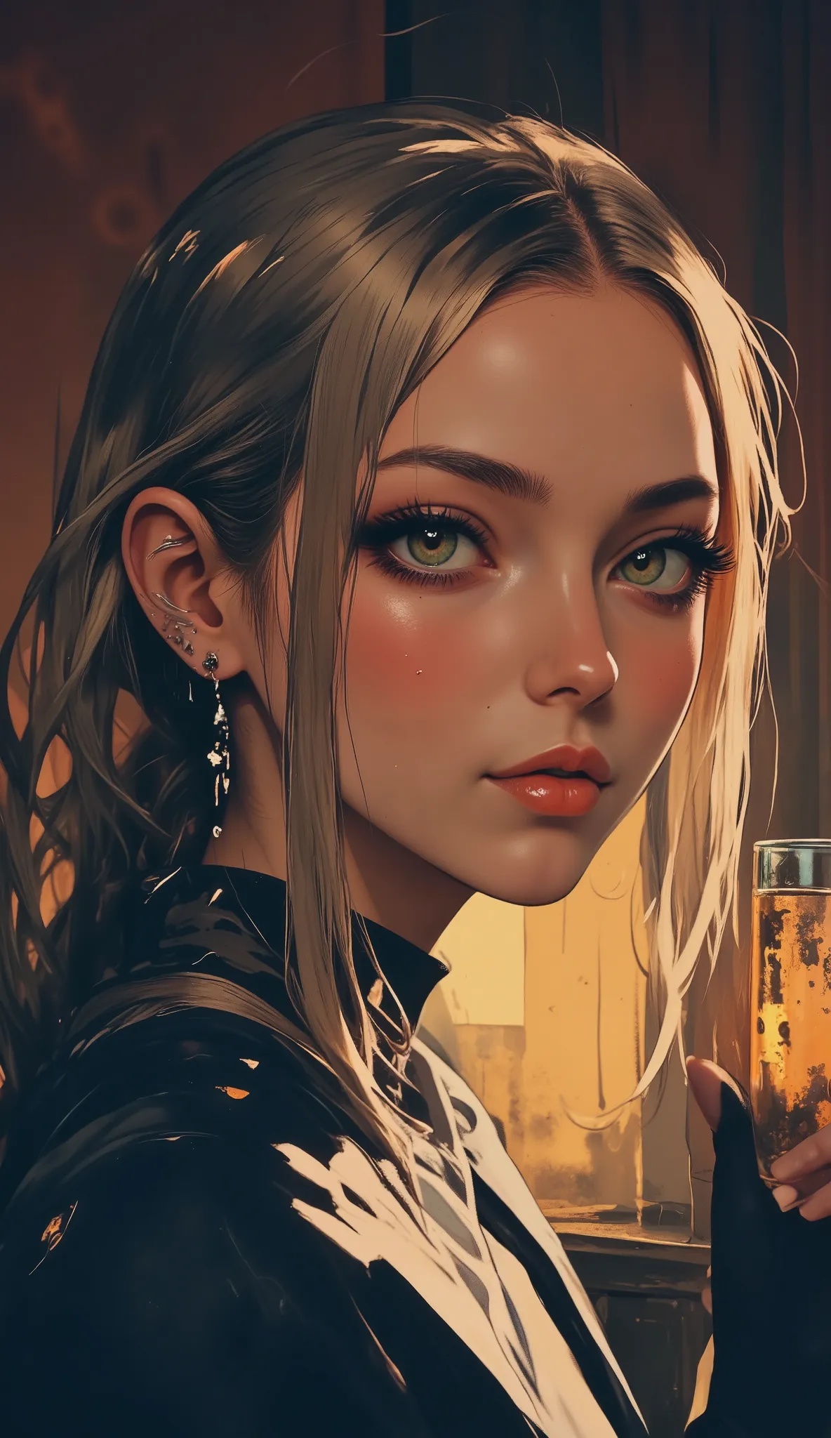 A striking artistic portrait photograph with grainy color diffusion of a close-up beauty shot, the subject making direct eye contact with the viewer with beautiful green blue eyes, exuding a sense of connection and quiet confidence. Impeccable makeup artis...