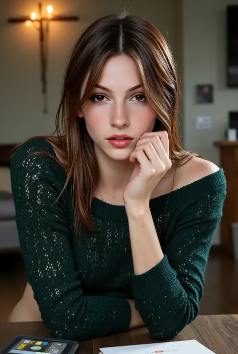 Amanda Riley, portrait of woman, aran sweater, detailed hands, 