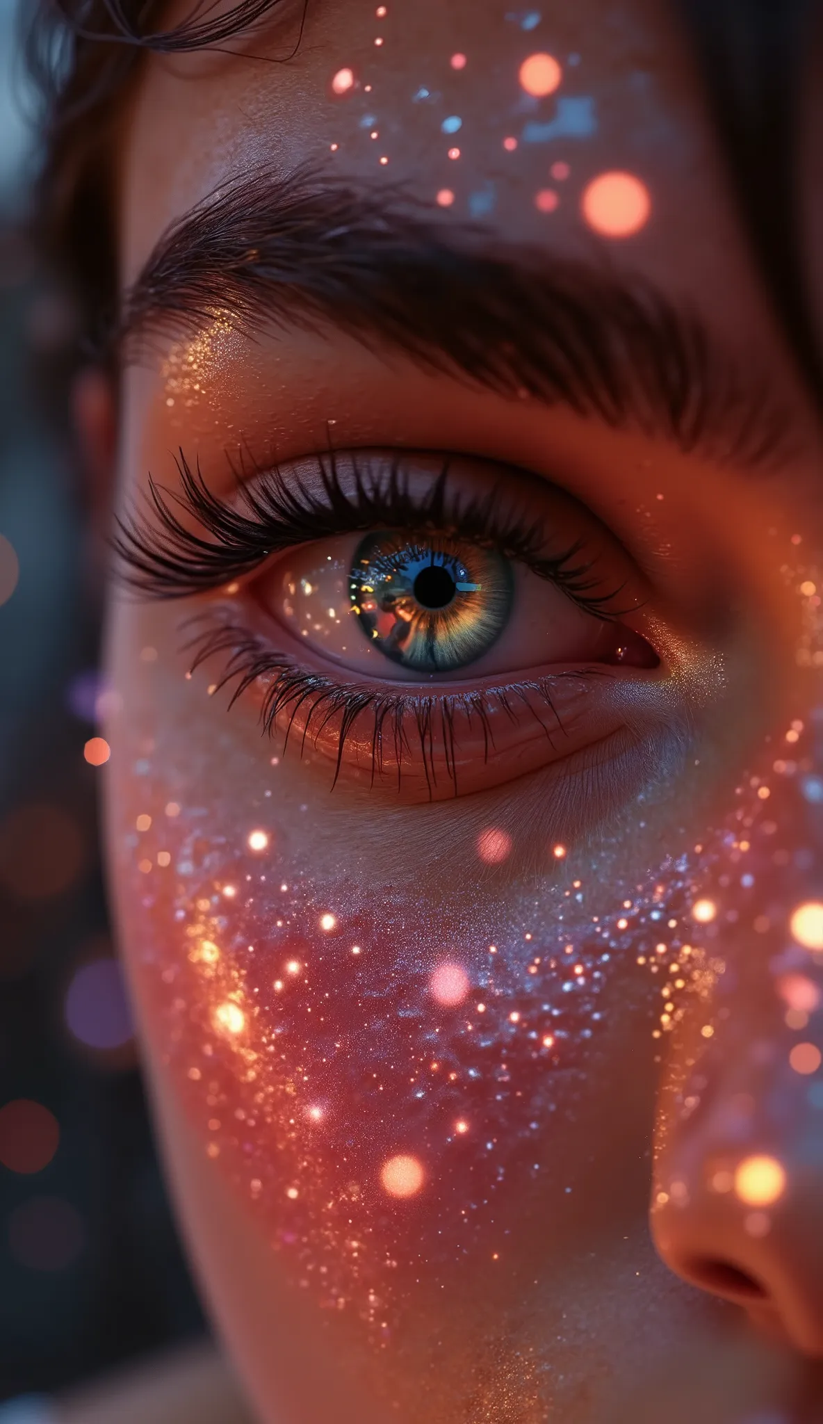 Extreme foreground of a woman's eye, with crisp reflections. Party lights. The shiny surface of her hyper-detailed iris, reflects a curvaceous woman wearing elegant lingerie, subtly distorted by the curvature of the eye. The lighting enhances the contrast ...