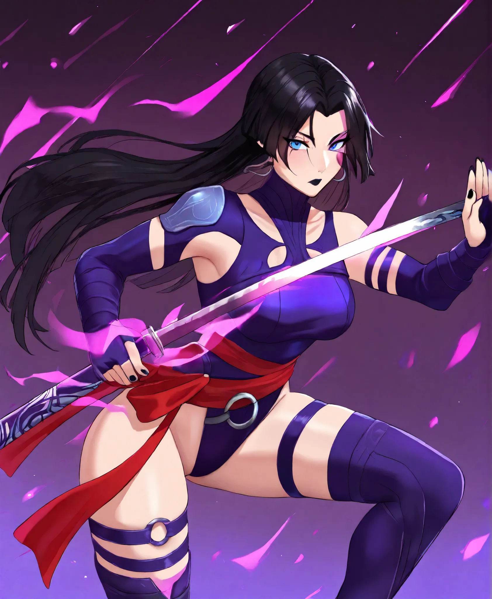 masterpiece, best quality,1girl,  psyl0cke, blue eyes, purple face mark, black hair, black lipstick, straight hair, long hair, hoop earrings, highleg leotard, shoulder armor, bare shoulder, o-ring, red sash, thigh straps, elbow gloves, fingerless gloves, b...