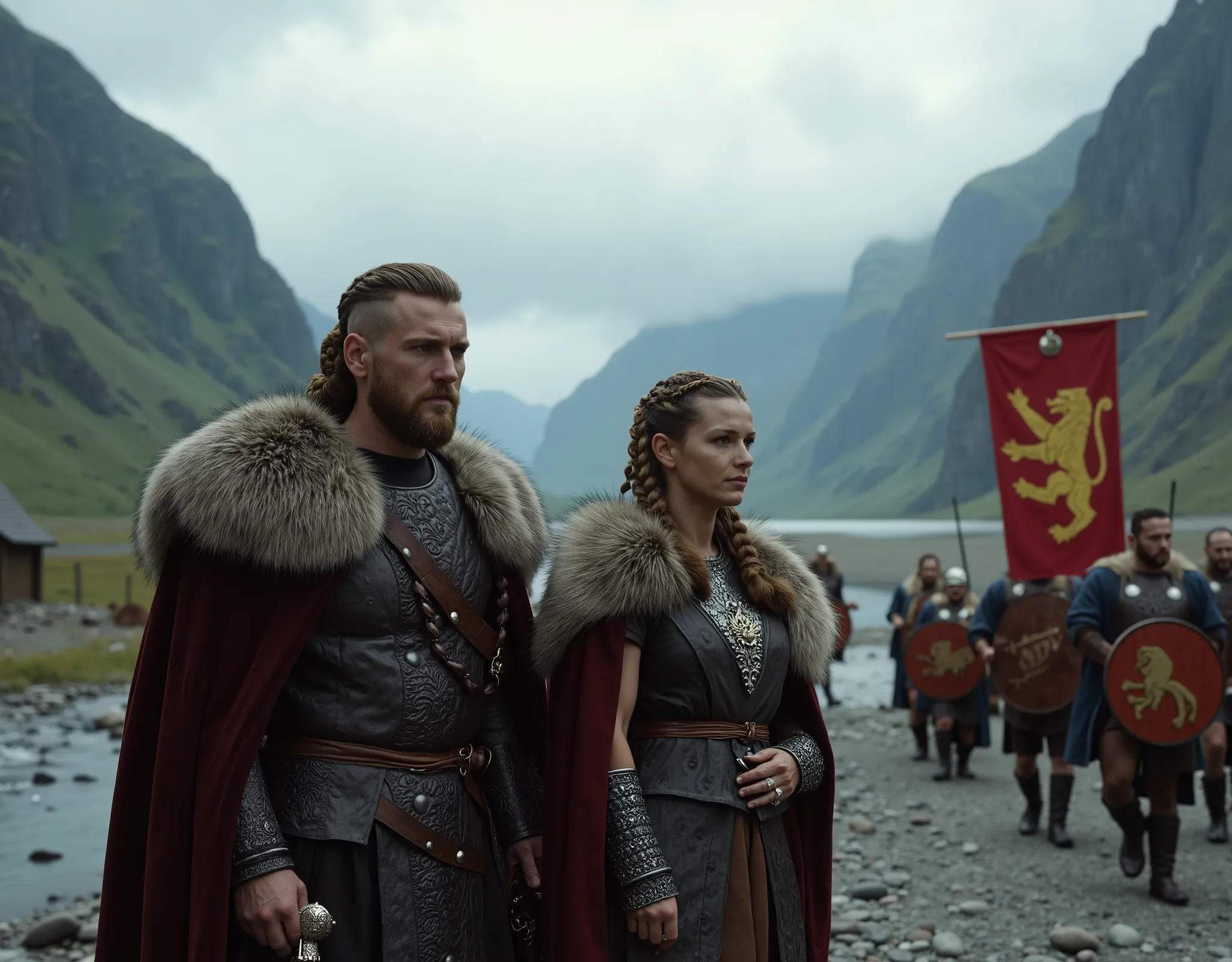 Steep and dramatic mountains are towering in the background and slightly obfuscated by low clouds as dawn breaks and some sunrays pierce the clouds. A stream snakes its way down the fjord valley, revealing an ornate longhouse on the far riverbed. In the fo...
