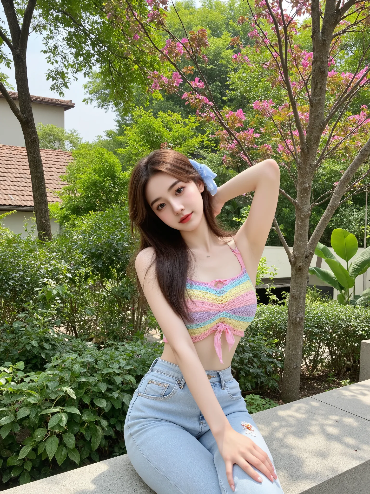 /imagine prompt: A cheerful Korean girl sitting gracefully on a light stone bench outdoors in a lush garden. She is wearing a colorful crochet halter top with wavy pastel stripes in pink, yellow, lavender, and light blue tones. The top ties behind her neck...
