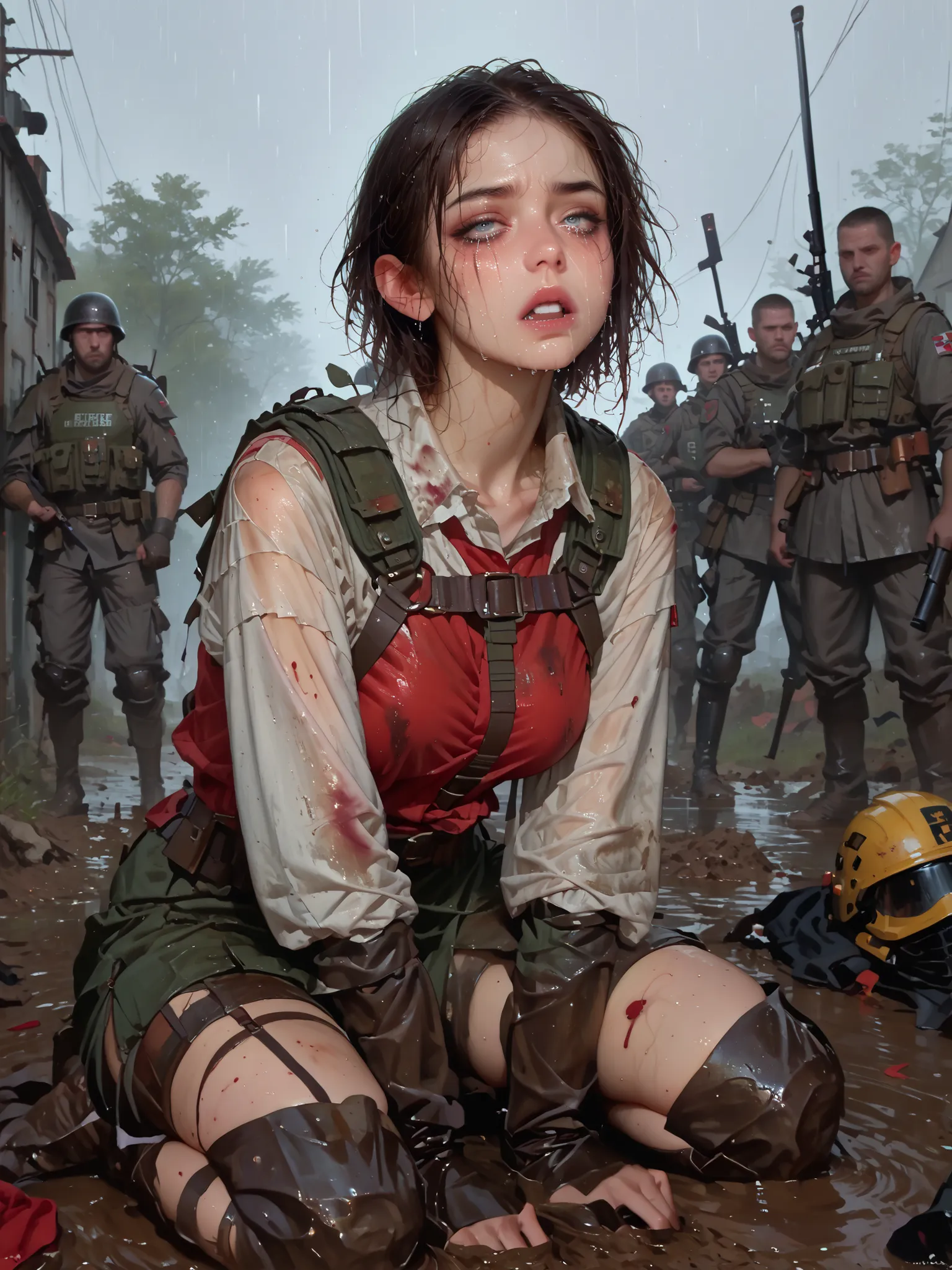 female warrior, injured and bloody, short tomboy style hair, dark hair, wounded, injured, bloody, heavy rain, battlefield, mud, flames, crying, tears on her face, wet hair, wet skin,, elaborate armor, full body armor