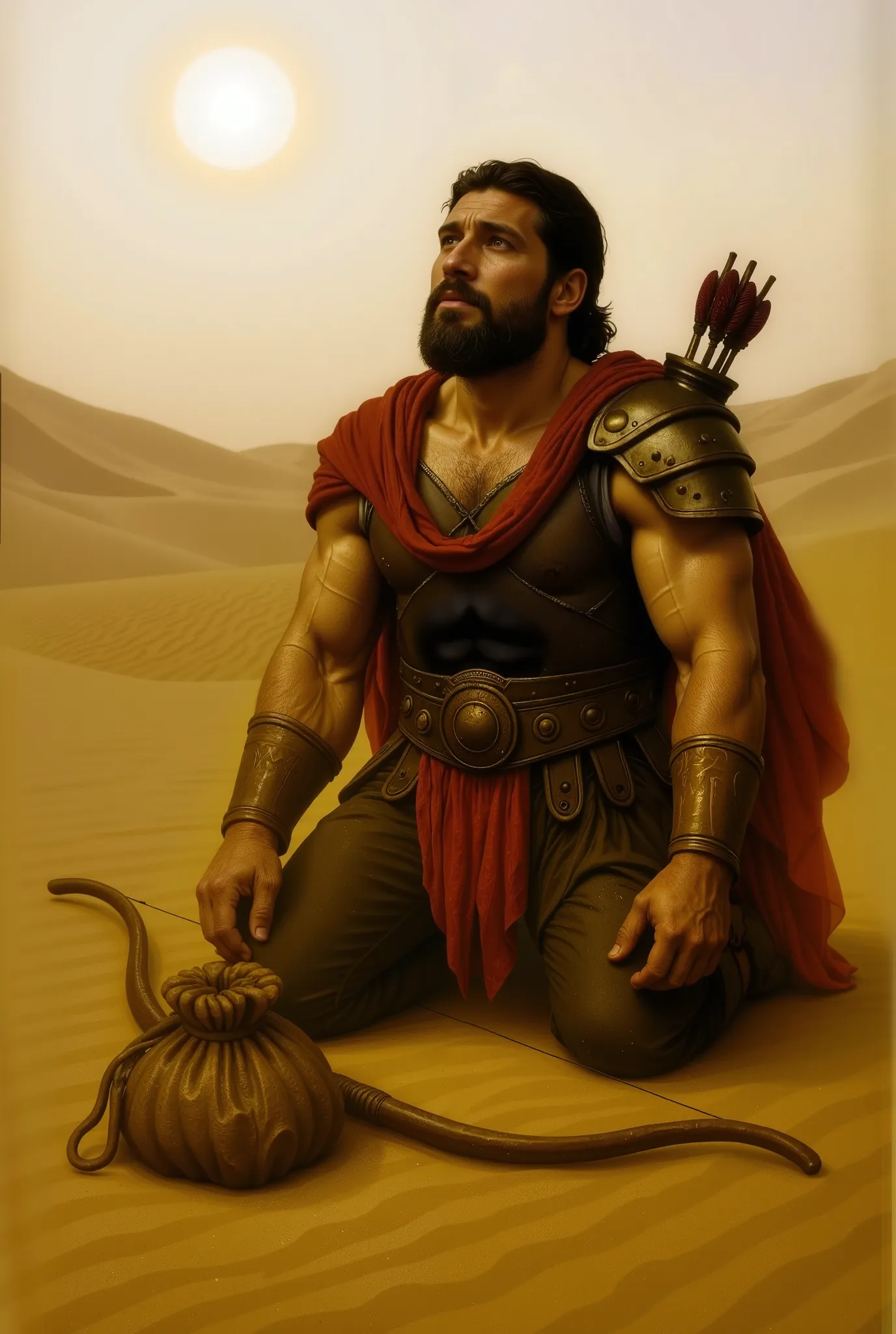 Hercules kneeling on the ground in the Sahara desert, defeated, looking up at the sky as if pleading to the gods for shade. His arms hang loosely by his sides. The cloth that once covered his face now drapes over his chest, revealing his beard glistening w...