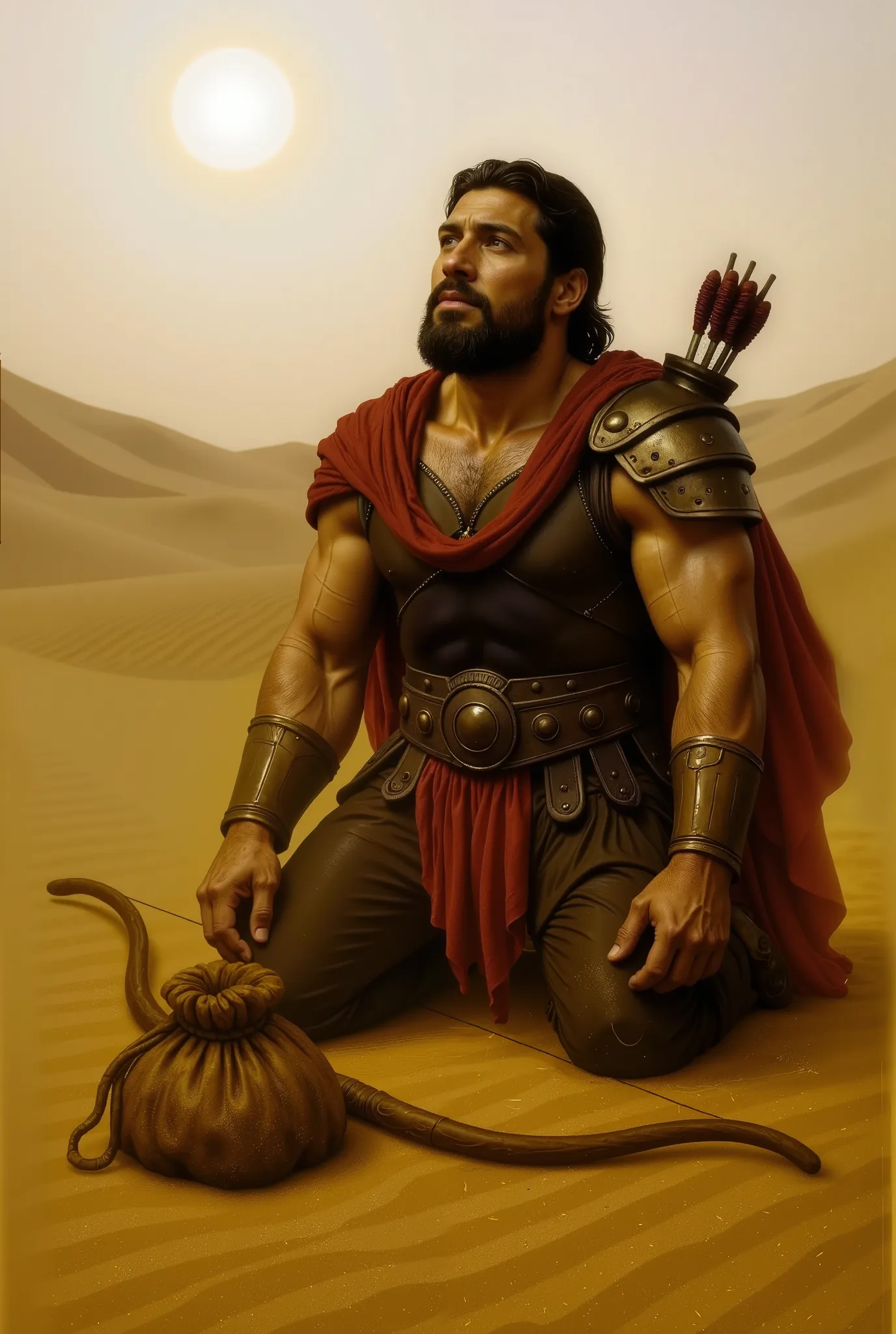 An ultra-realistic image of Hercules kneeling on the ground in the Sahara desert, defeated, looking up at the sky as if pleading to the gods for shade. His arms hang loosely by his sides. The cloth that once covered his face now drapes over his chest, reve...