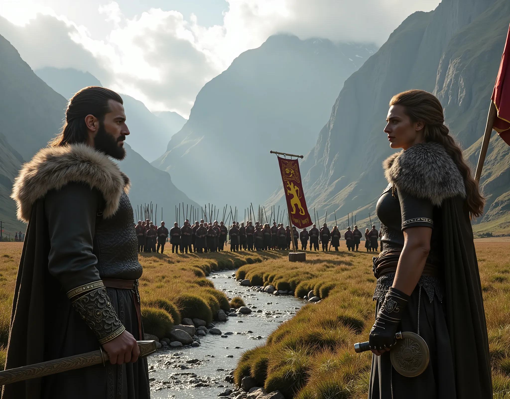 Steep and dramatic mountains are towering in the background and slightly obfuscated by low clouds as dawn breaks and sunrays pierce the clouds. A stream snakes its way down the fjord valley, revealing an ornate longhouse on the far riverbed. In the foregro...