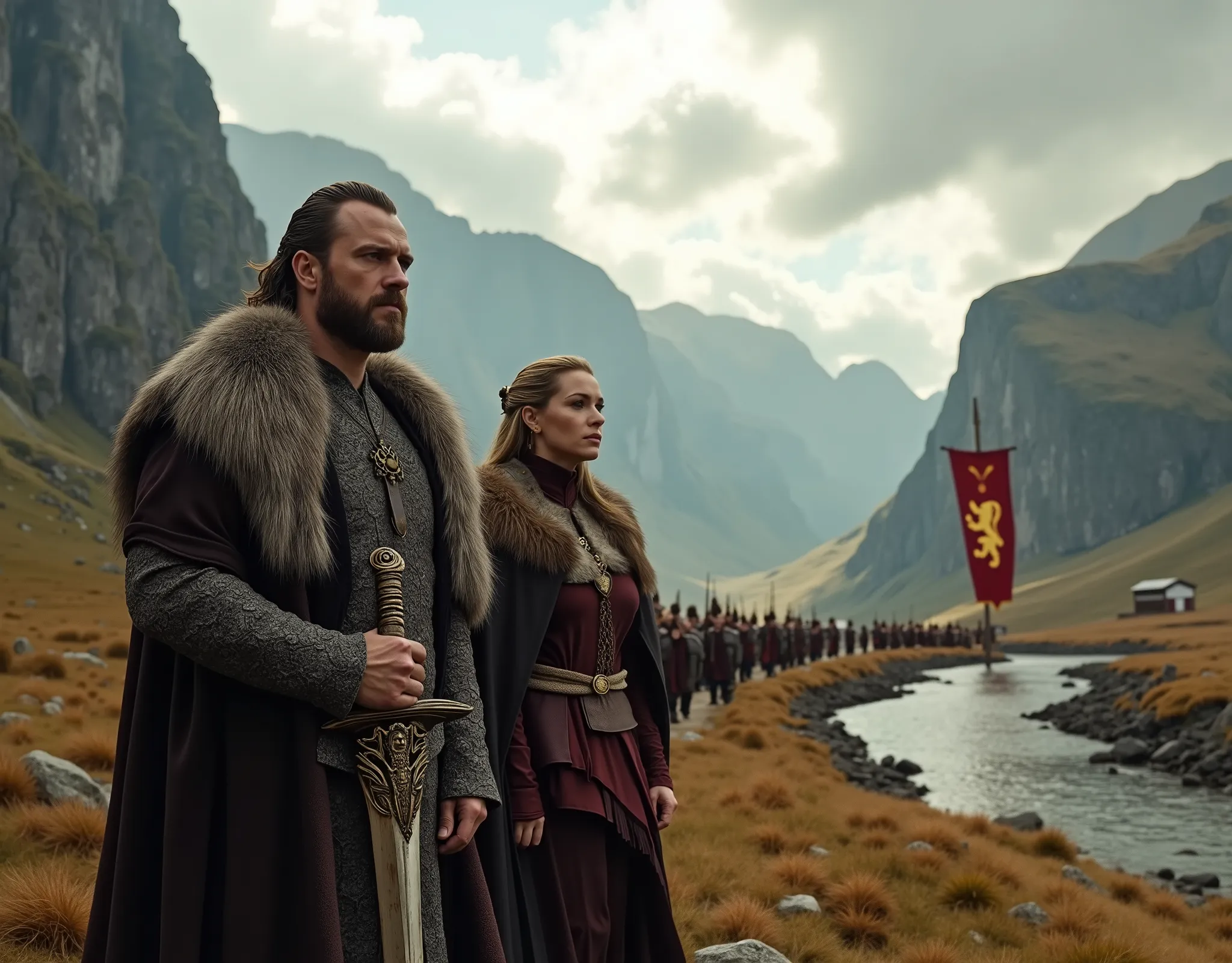 Steep and dramatic mountains are towering in the background and slightly obfuscated by low clouds as dawn breaks and sunrays pierce the clouds. A stream snakes its way down the fjord valley, revealing an ornate longhouse on the far riverbed. In the foregro...