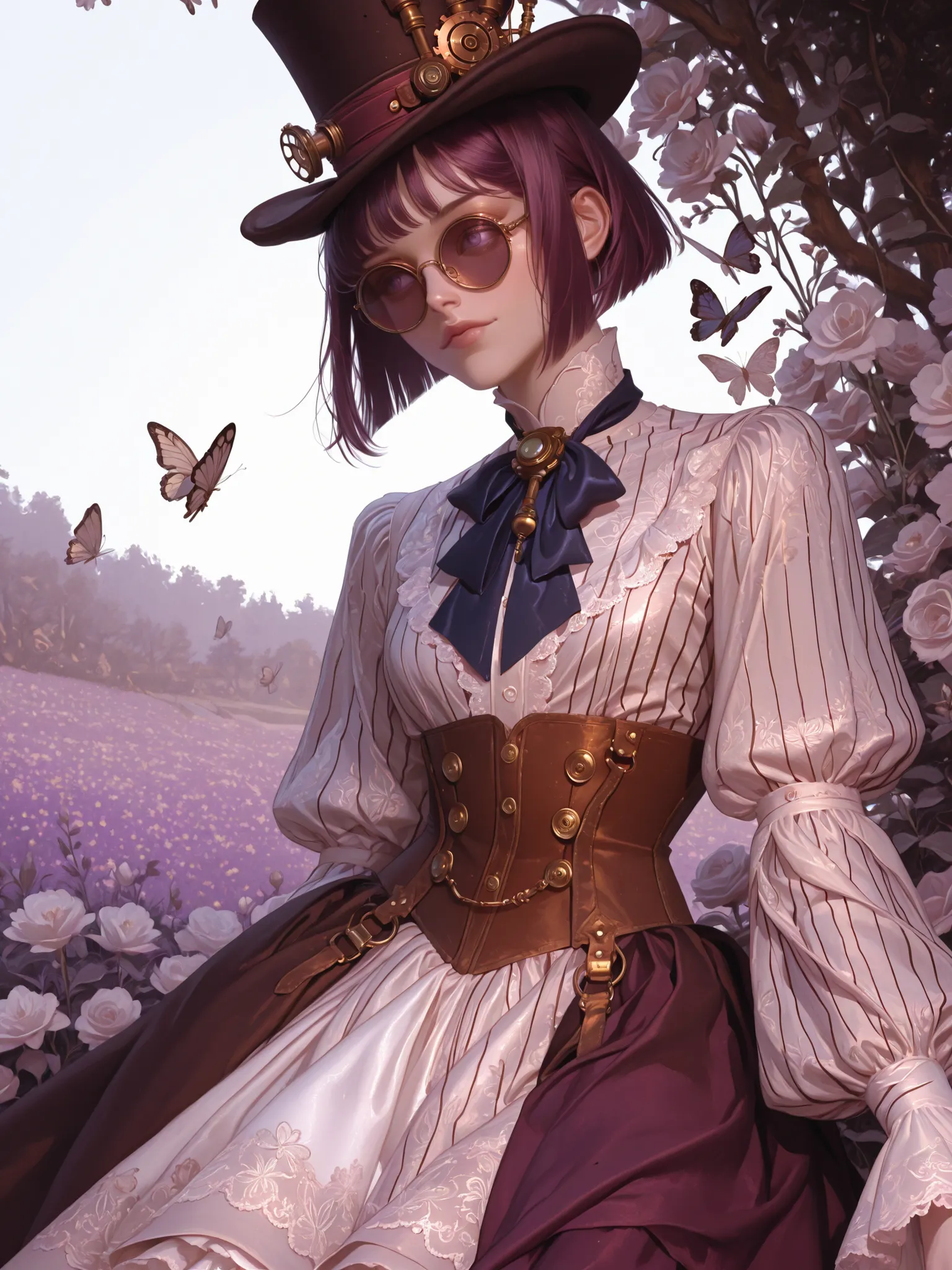 a young woman with a visual inspired by Victorian steampunk fashion, posing in a wooded outdoor environment. She displays a serene and slightly inquisitive expression, with her eyes turned to the side, accented by round glasses with lightly tinted lenses d...