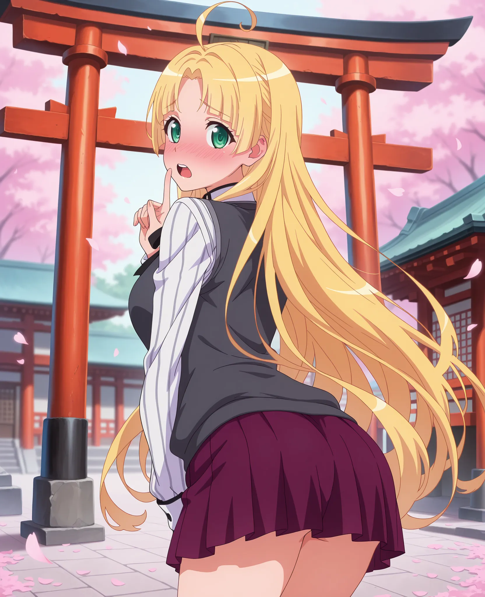 anime screencap, masterpiece, best quality,

1girl, solo, leaning, ass, shy, open mouth, index finger on the lip, blushing, upper teeth only,
very long hair, blonde hair, green eyes, parted bangs, blunt bangs, ahoge,
AsiaSchool, sweater vest, grey vest, st...