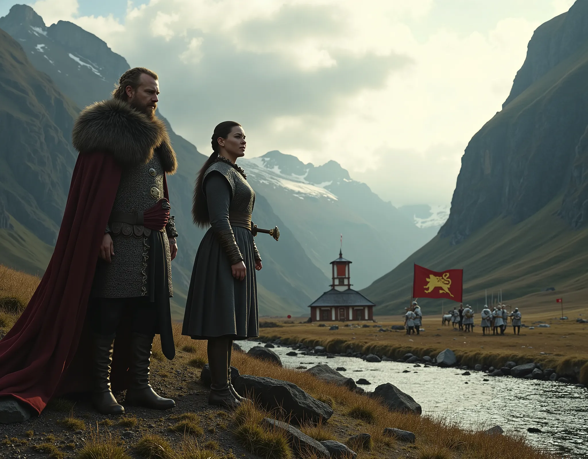 Steep and dramatic mountains are towering in the background and slightly obfuscated by low clouds as dawn breaks and sunrays pierce the clouds. A stream snakes its way down the fjord valley, revealing an ornate longhouse on the far riverbed. In the foregro...
